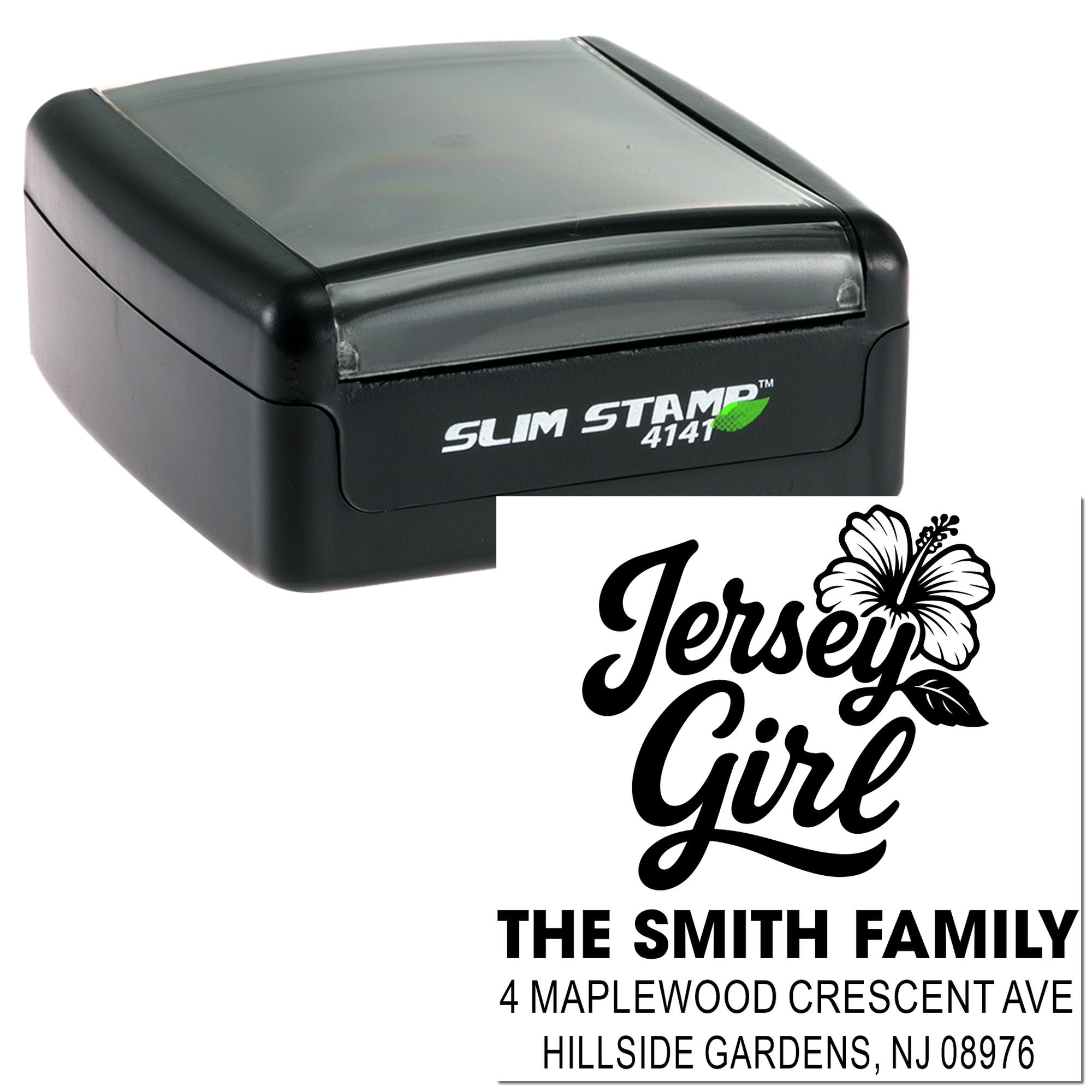 Slim self-inking rubber stamp with custom Jersey Girl return address design for The Smith Family.