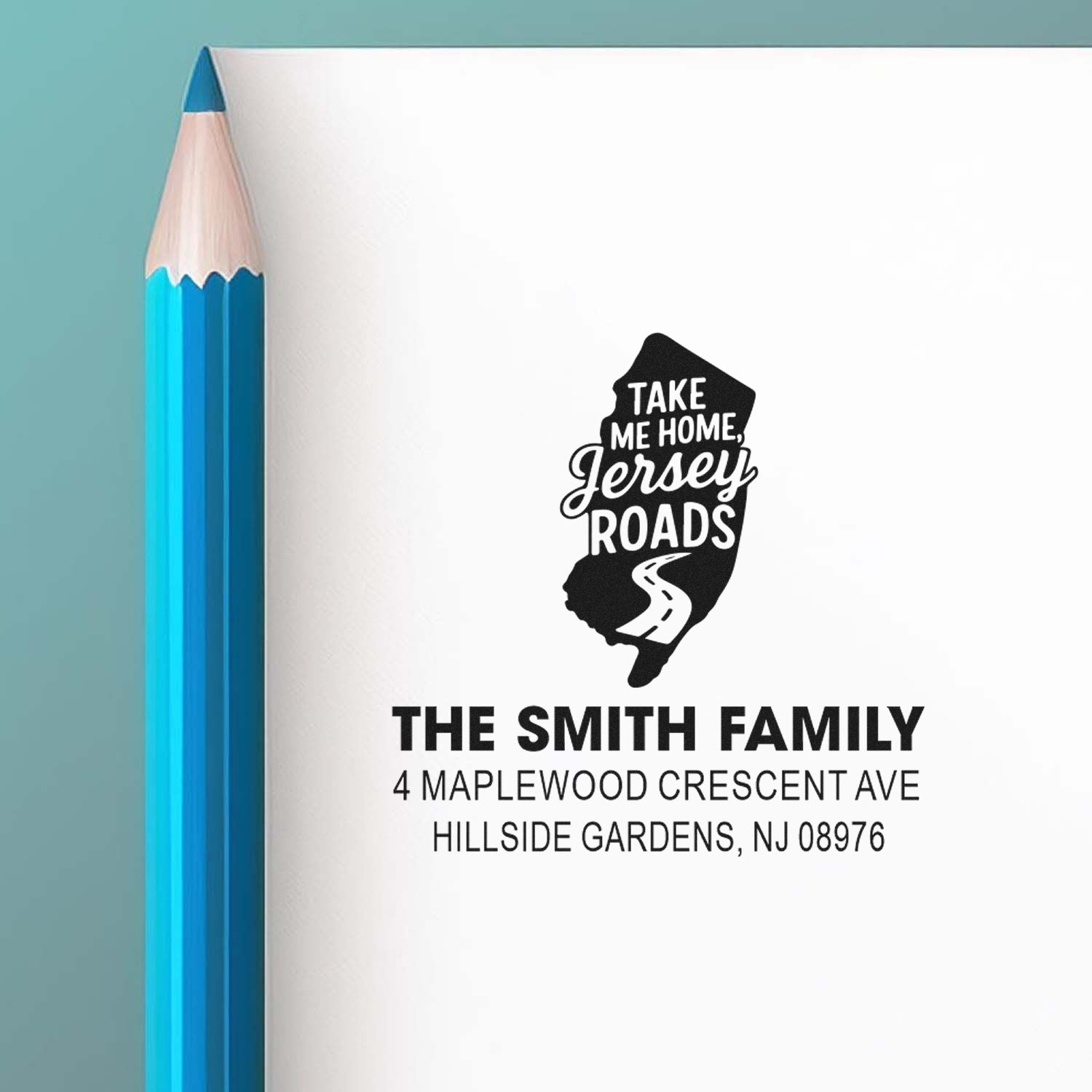 Custom New Jersey return address rubber stamp with Take Me Home, Jersey Roads family name and address design.