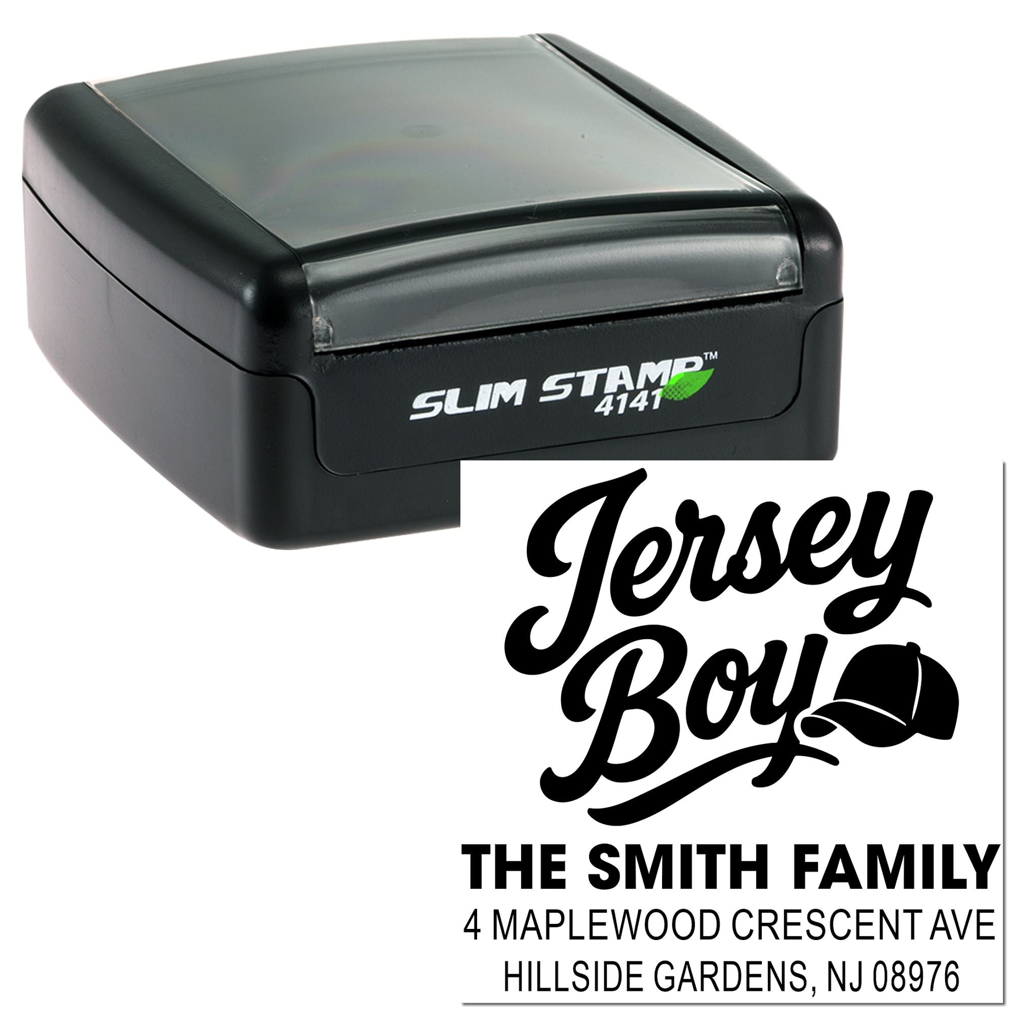 Custom self-inking slim address rubber stamp for The Smith Family, Jersey Boy design with Hillside Gardens, NJ return address.