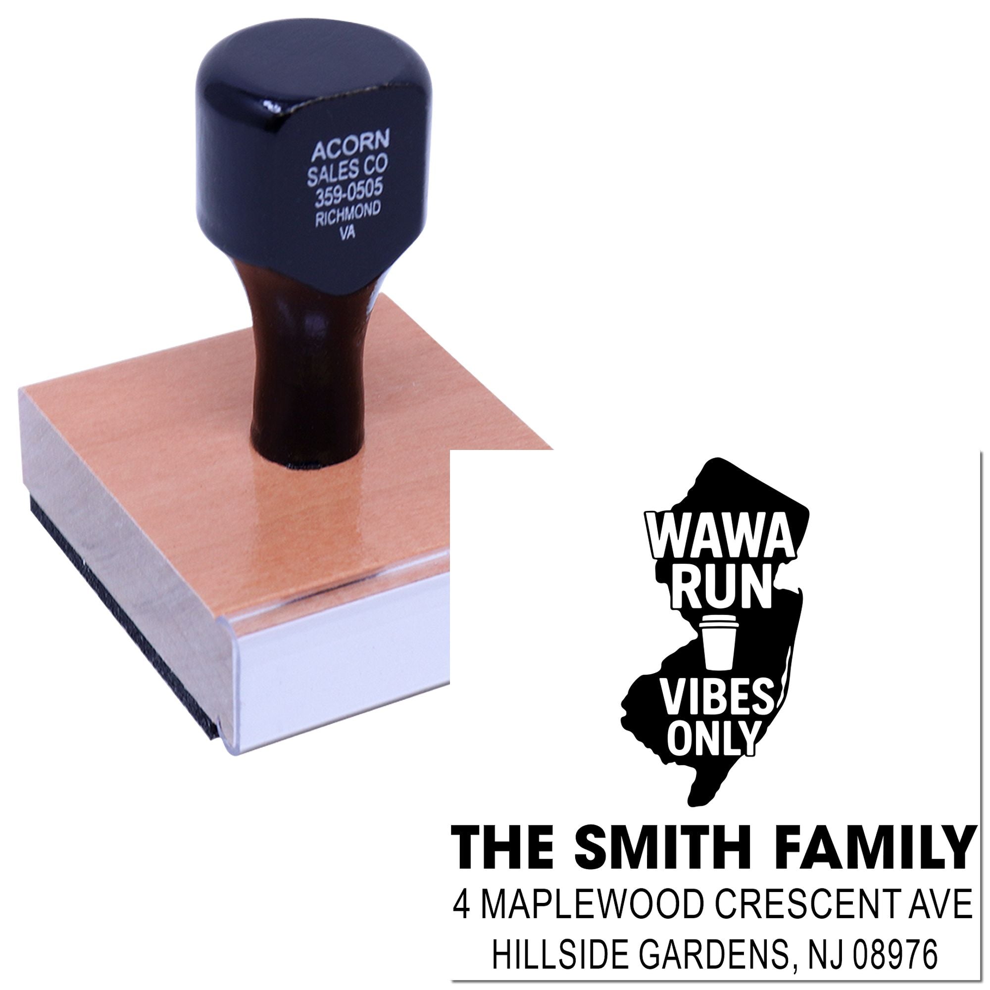 Custom rubber stamp with wooden base and personalized family address design featuring a New Jersey logo imprint.
