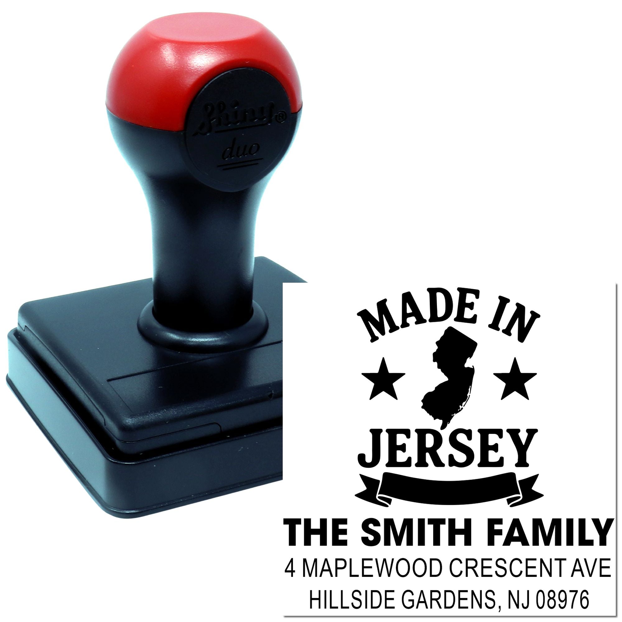 Custom self-inking rubber stamp for New Jersey address labels, featuring Made in Jersey family design and return address.