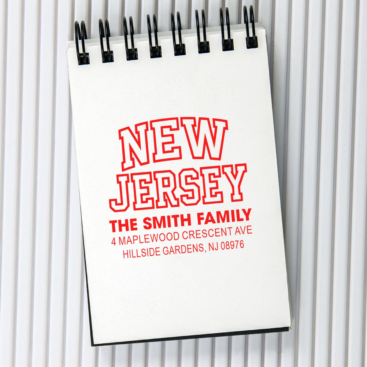 Personalized New Jersey return address rubber stamp for The Smith Family, Hillside Gardens.