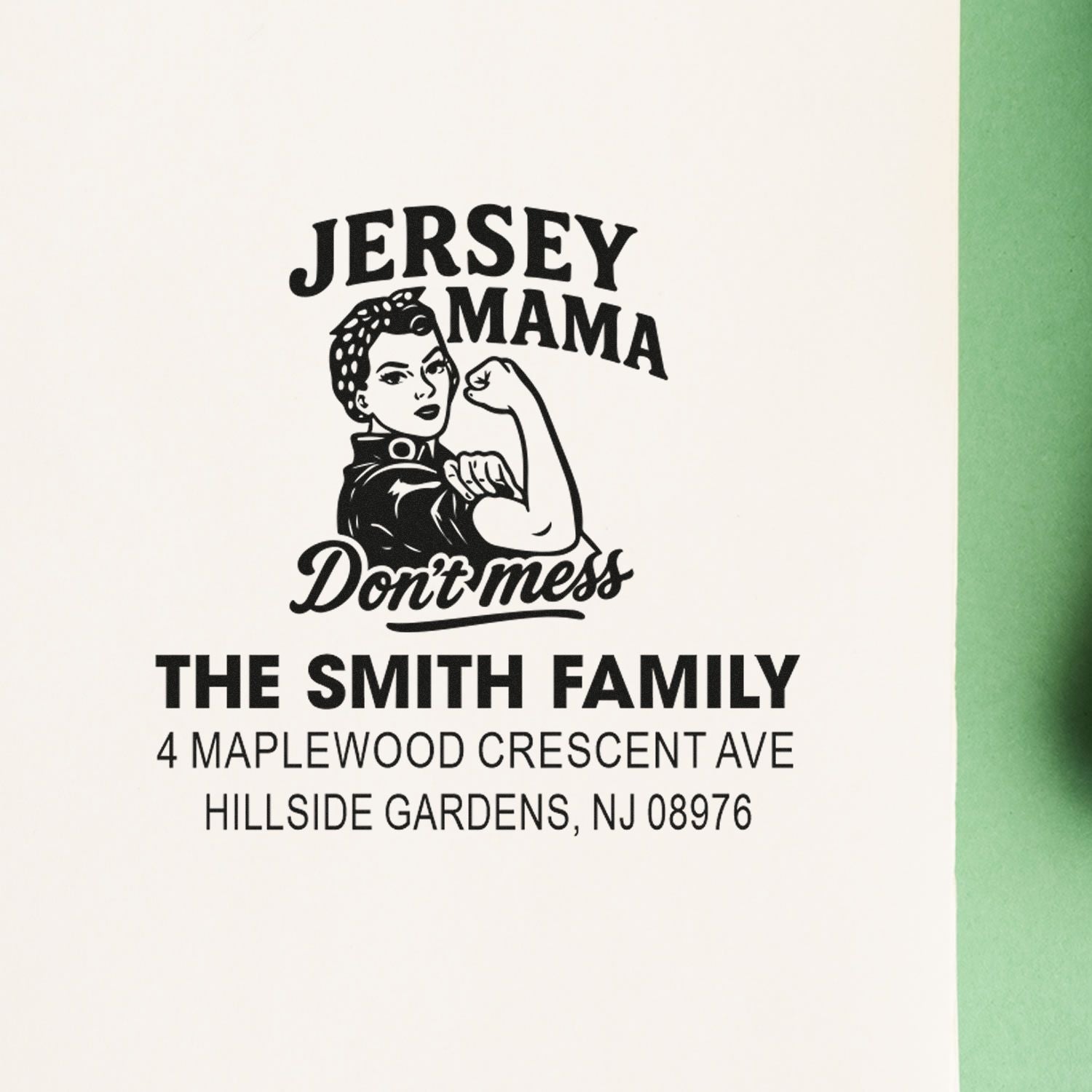 Custom personalized Jersey Mama rubber stamp with retro strong-woman graphic and The Smith Family return address.