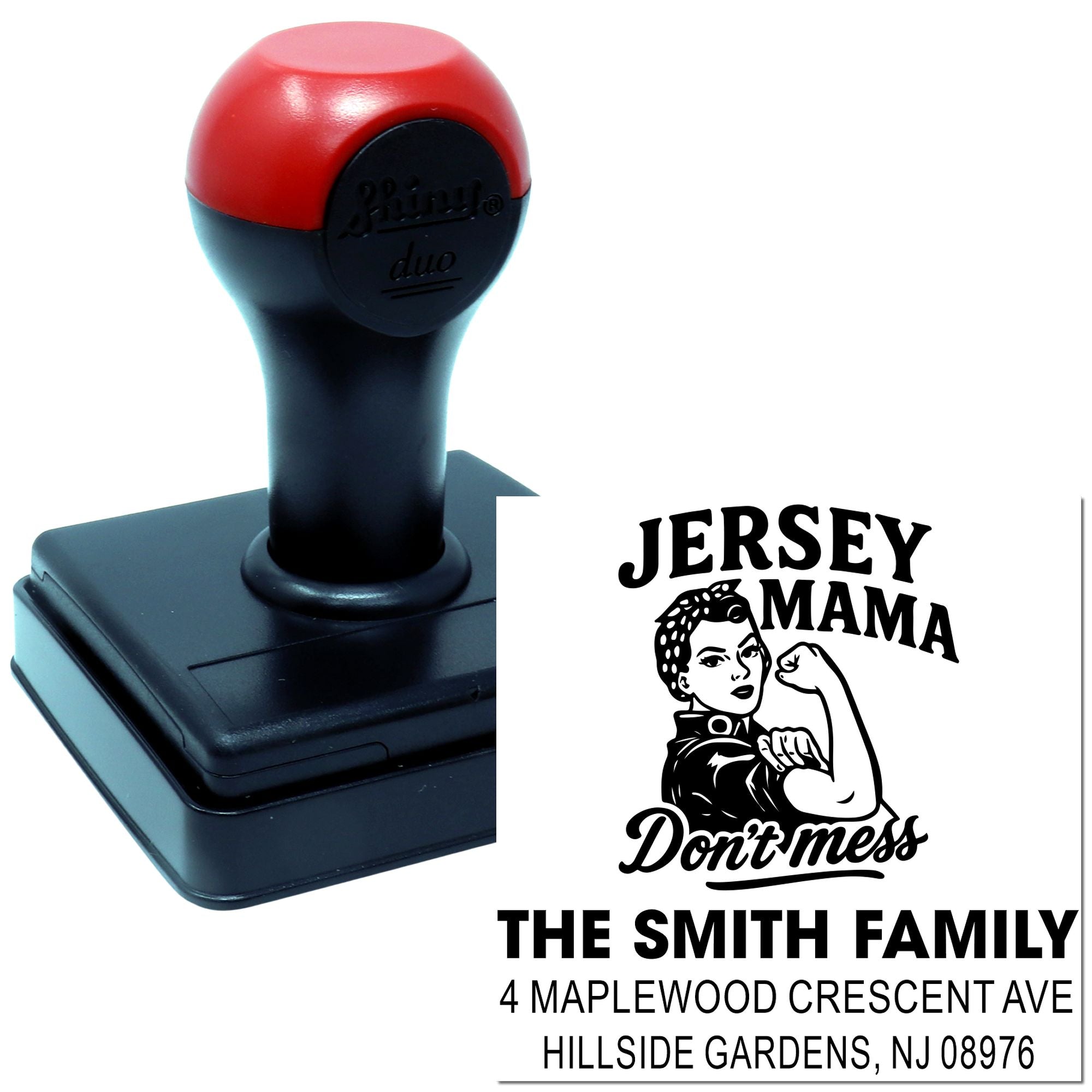 Personalized self-inking rubber address stamp with Jersey Mama design for Smith family mail.