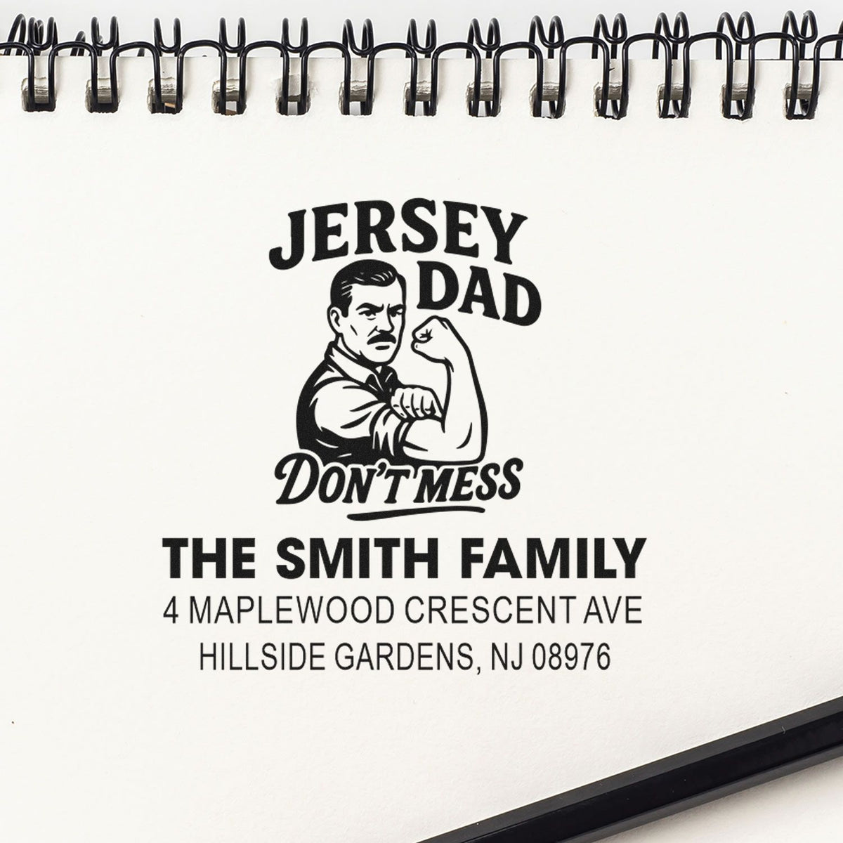Custom rubber stamp proof with Jersey Dad graphic and Smith family return address for personalized mailings.
