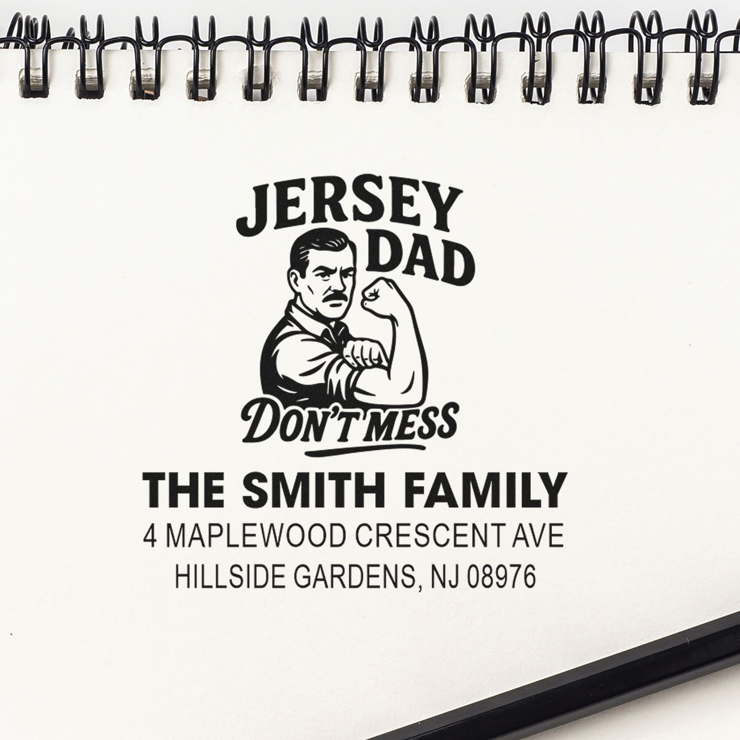 Personalized rubber stamp design for a family address, featuring Jersey Dad Dont Mess artwork and the Smith family name.