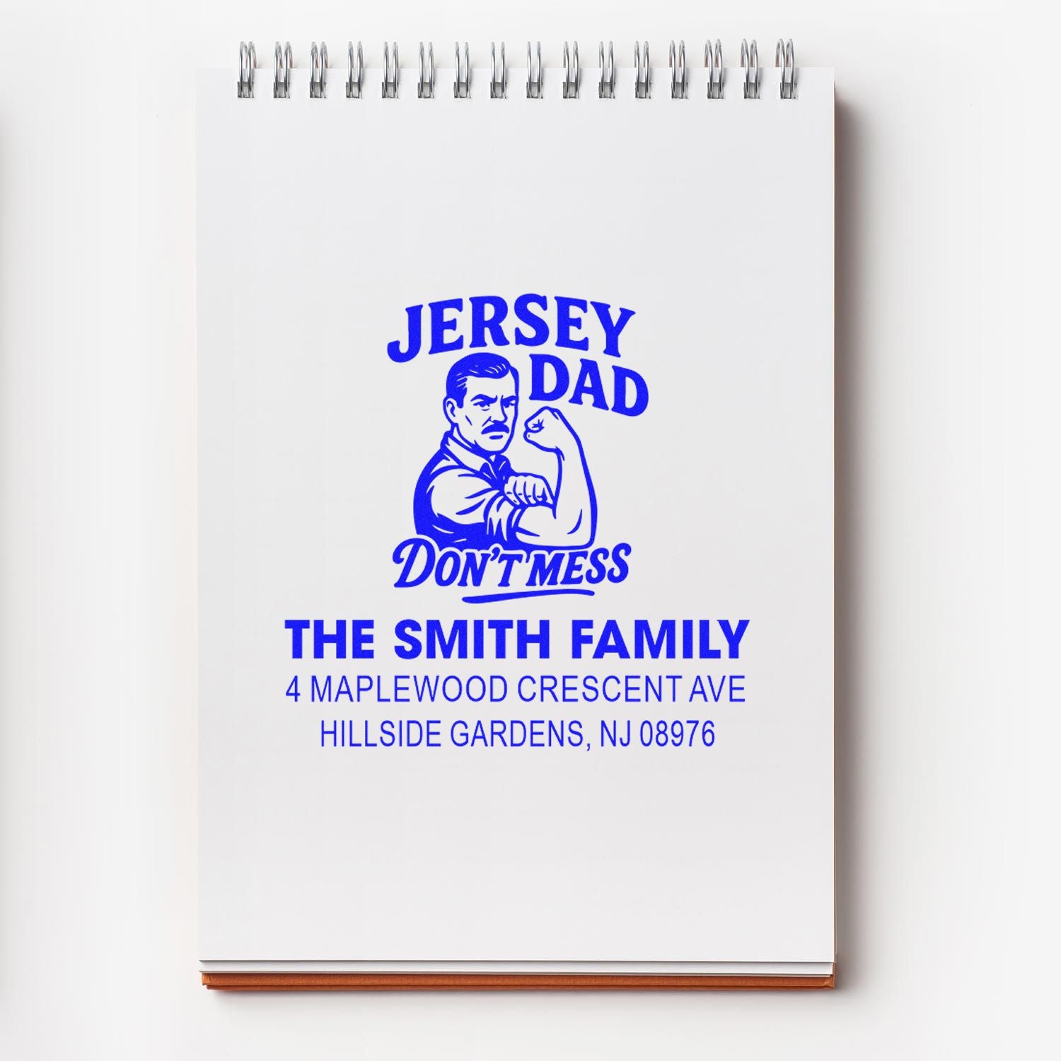 Personalized rubber stamp impression with Jersey Dad slogan, Smith family name, and address for custom mailings.