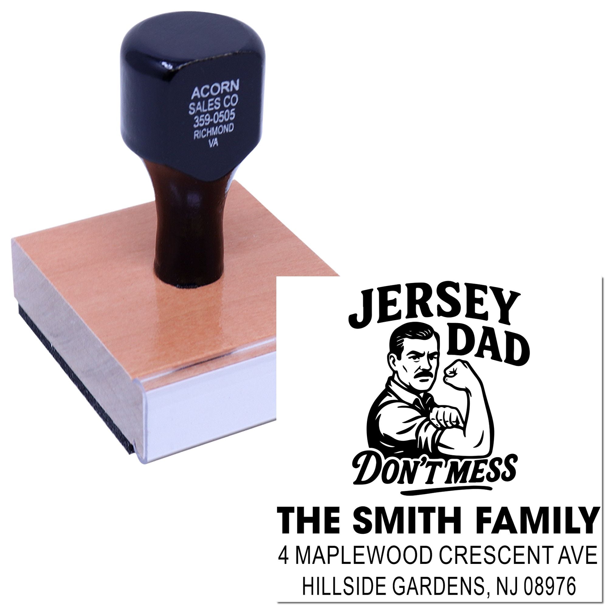 Custom self-inking rubber stamp preview with Jersey Dad Dont Mess artwork and personalized family address imprint.