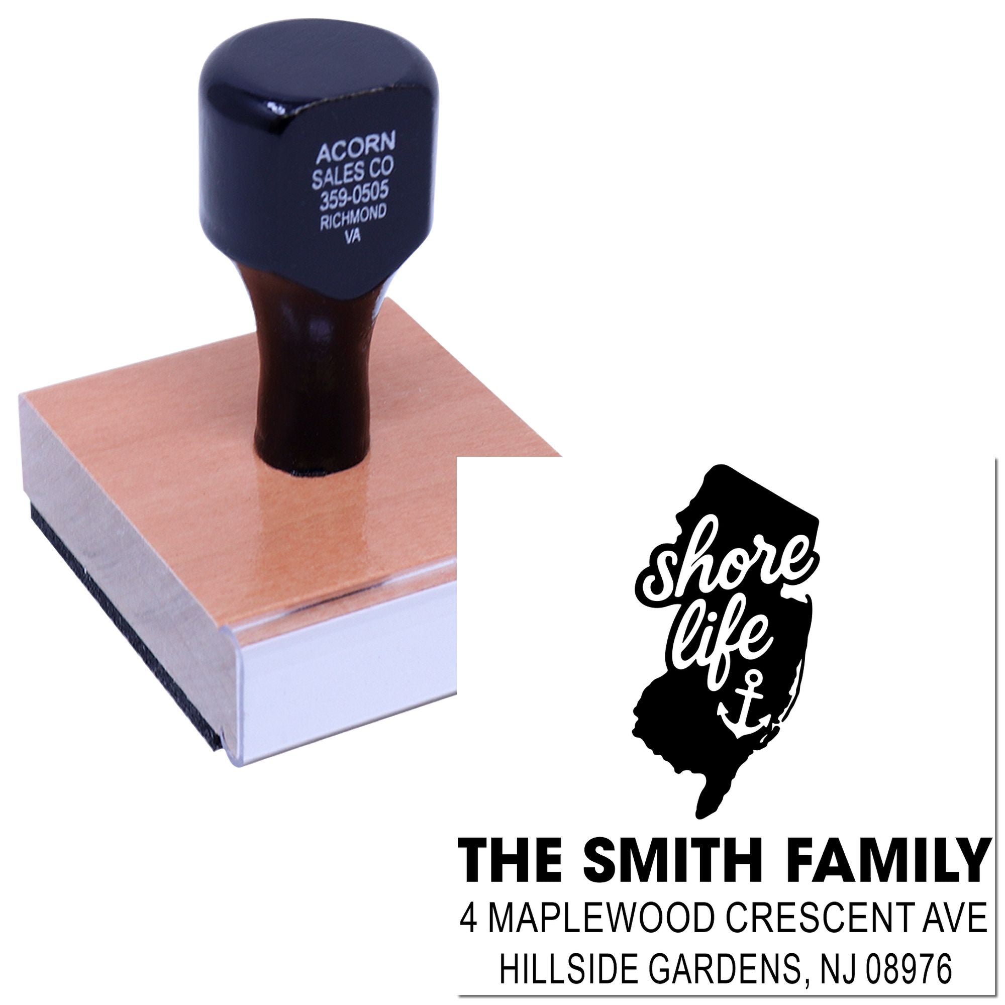 Personalized custom rubber address stamp featuring New Jersey shore life design for The Smith Family, Hillside Gardens, NJ 08976.