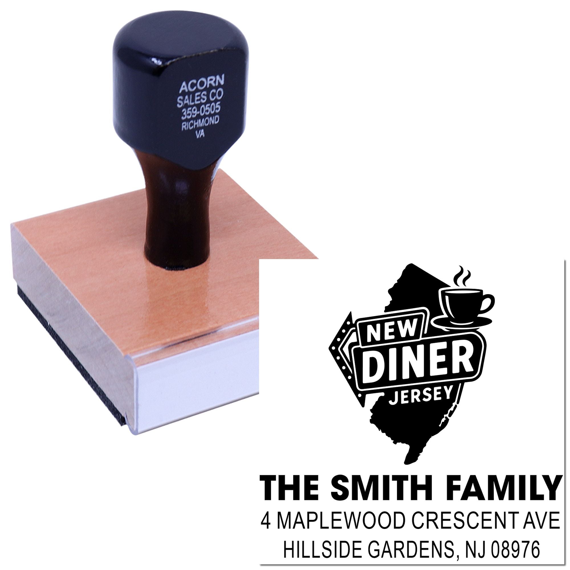 Custom rubber stamp for The Smith Family New Jersey diner address, personalized return address stamp with logo design.
