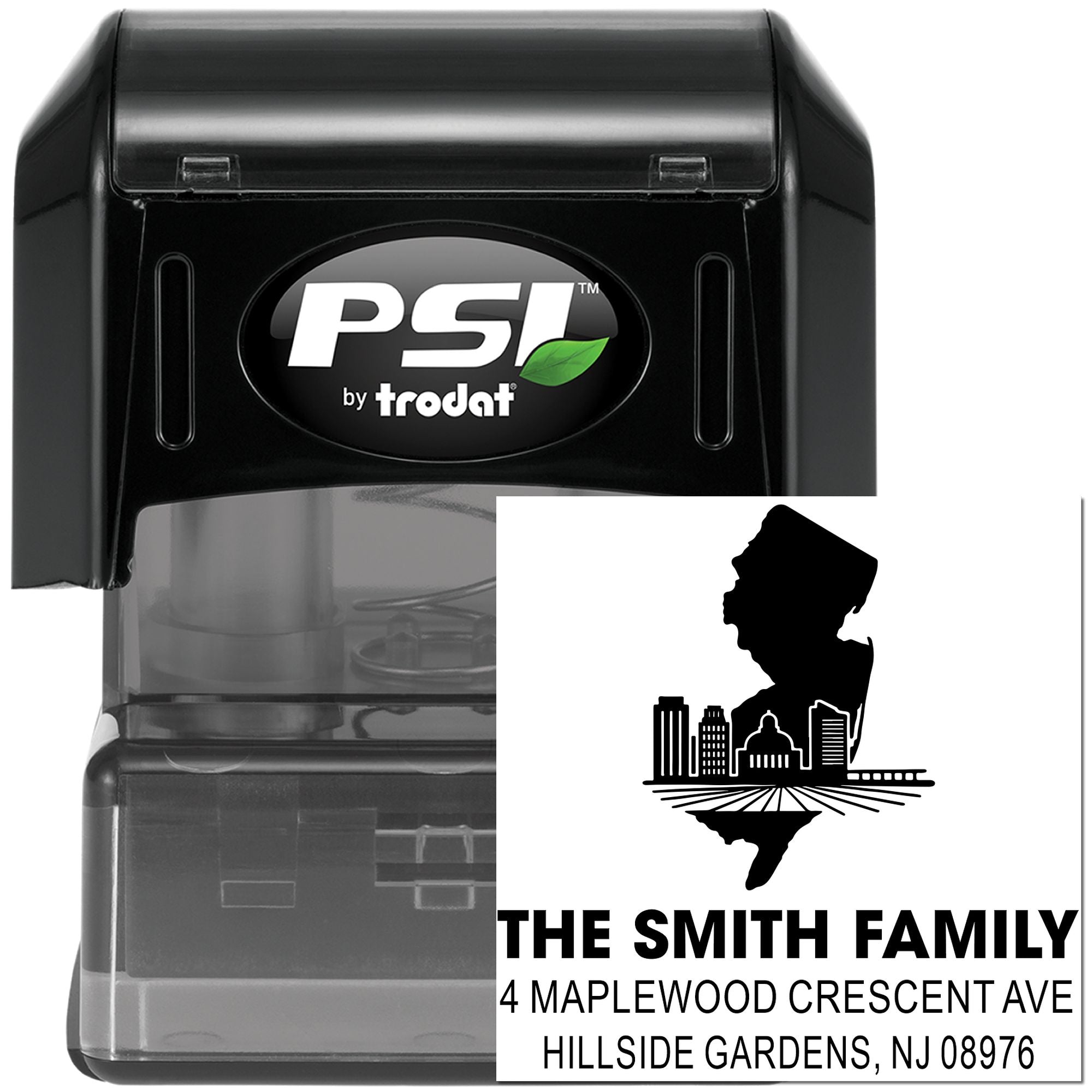 Custom self-inking rubber address stamp by PSI Trodat for The Smith Family, with New Jersey skyline design for envelopes.