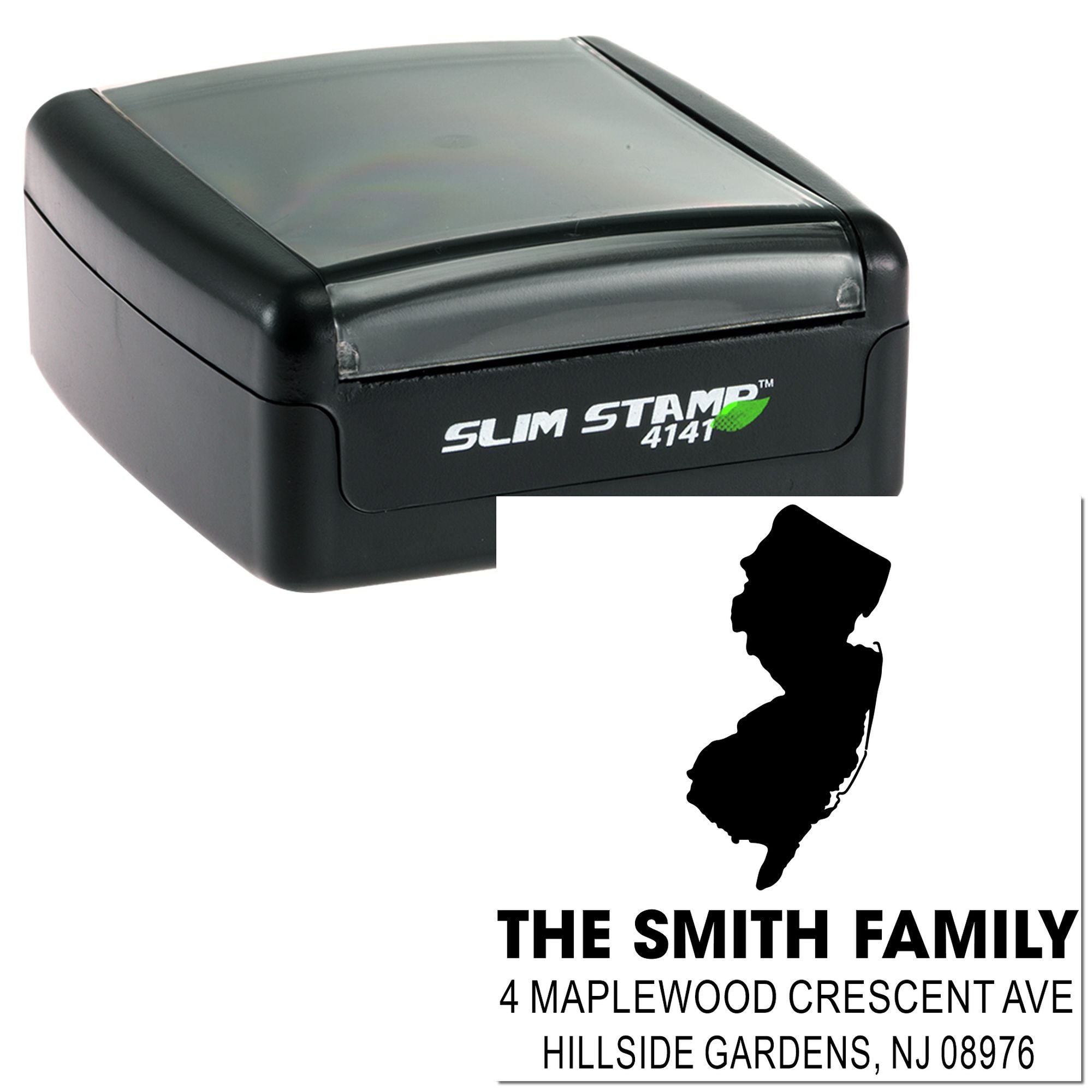 Personalized self-inking address stamp with New Jersey silhouette for custom family mailing envelopes.