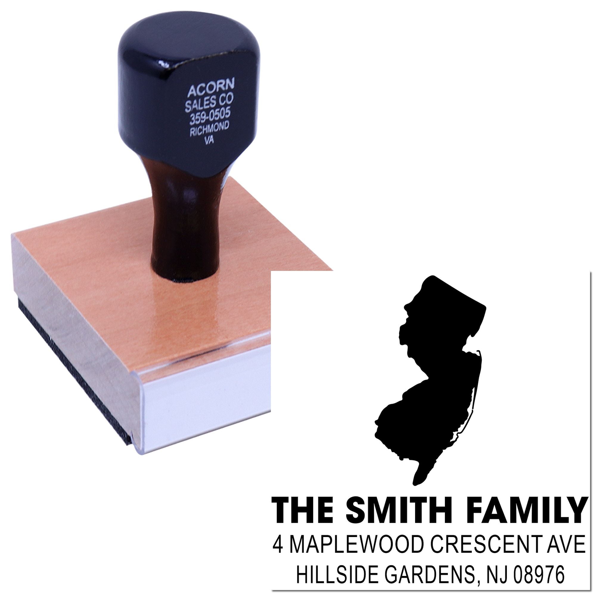 Custom self-inking rubber address stamp with family name, logo, and Hillside Gardens, NJ return address.