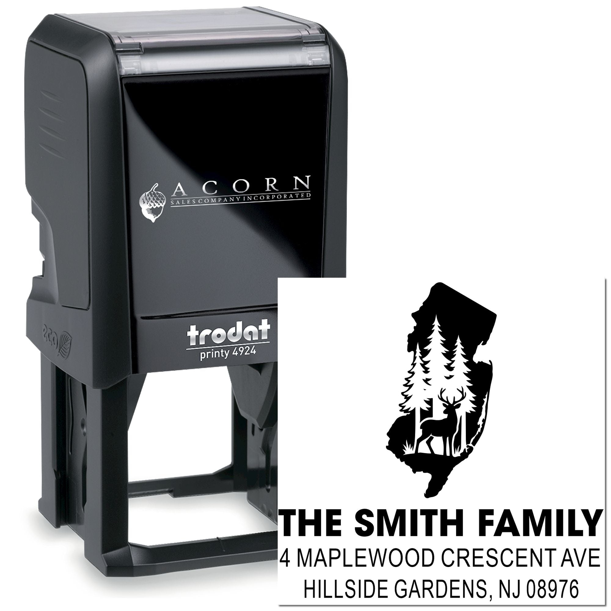 Personalized self-inking rubber return address stamp with family name, New Jersey silhouette, deer and pine tree design.
