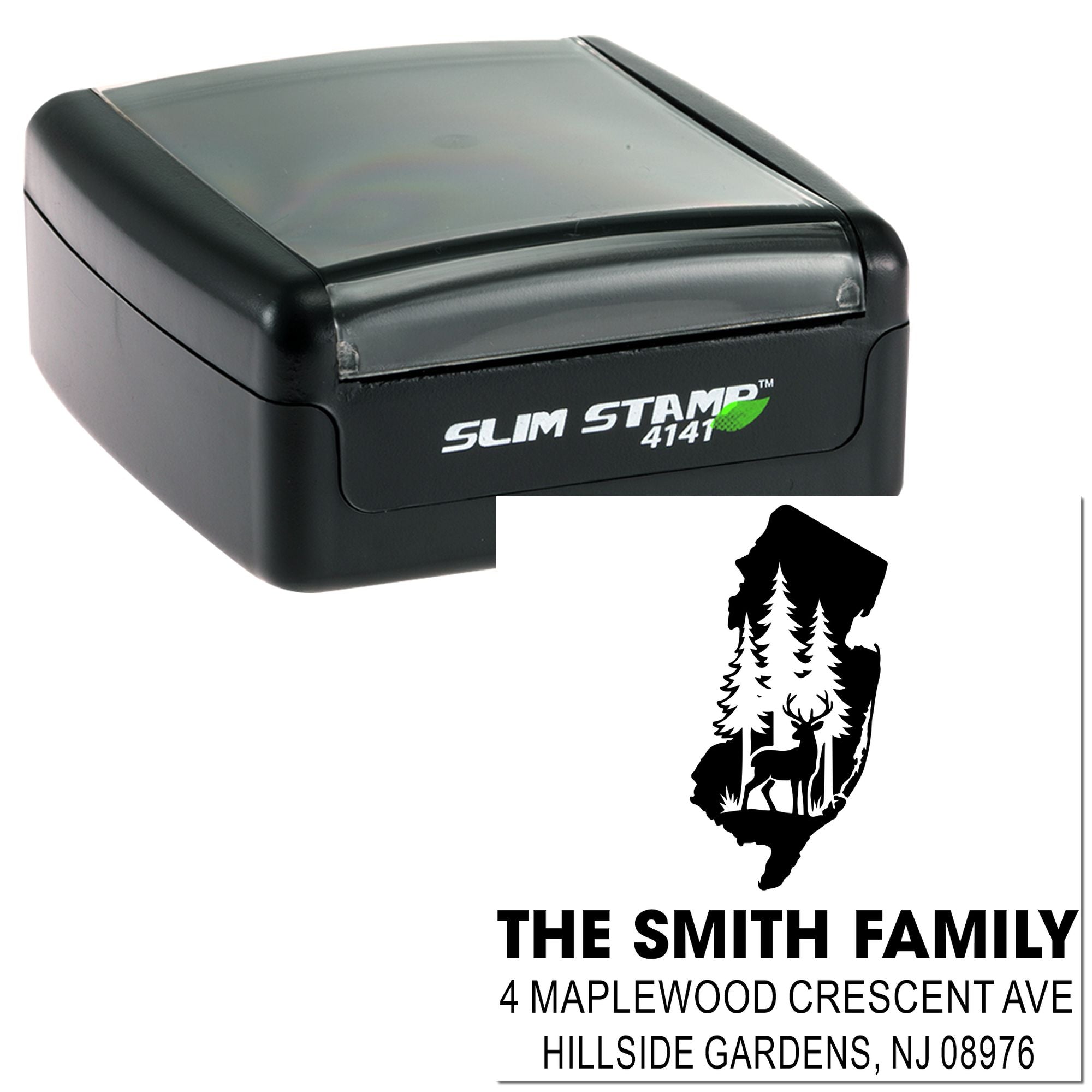 Custom self-inking Slim Stamp rubber stamp with woodland deer design for personalized family address envelopes and mailings.
