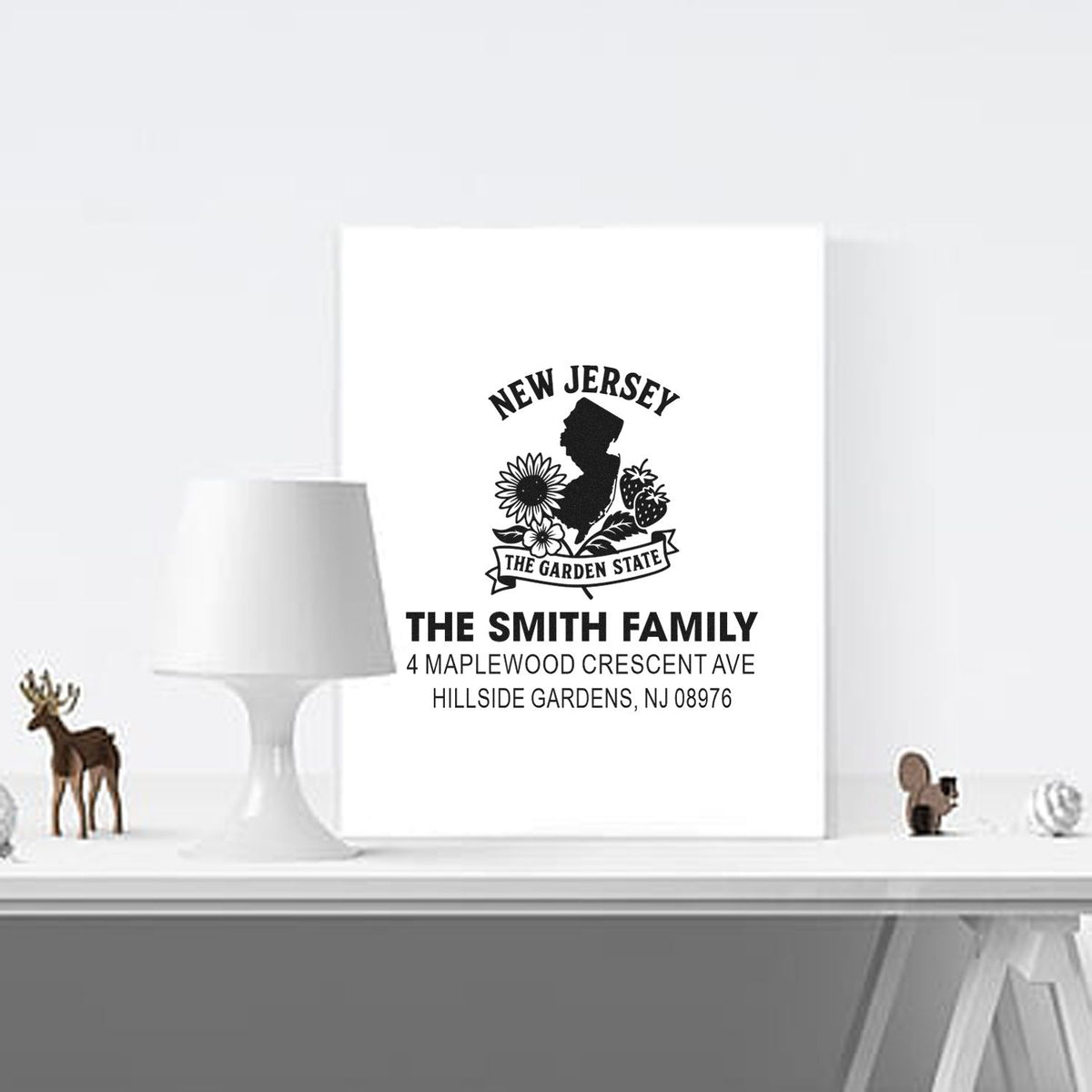 Custom New Jersey return address rubber stamp with family name, address, and Garden State floral design for mailings.