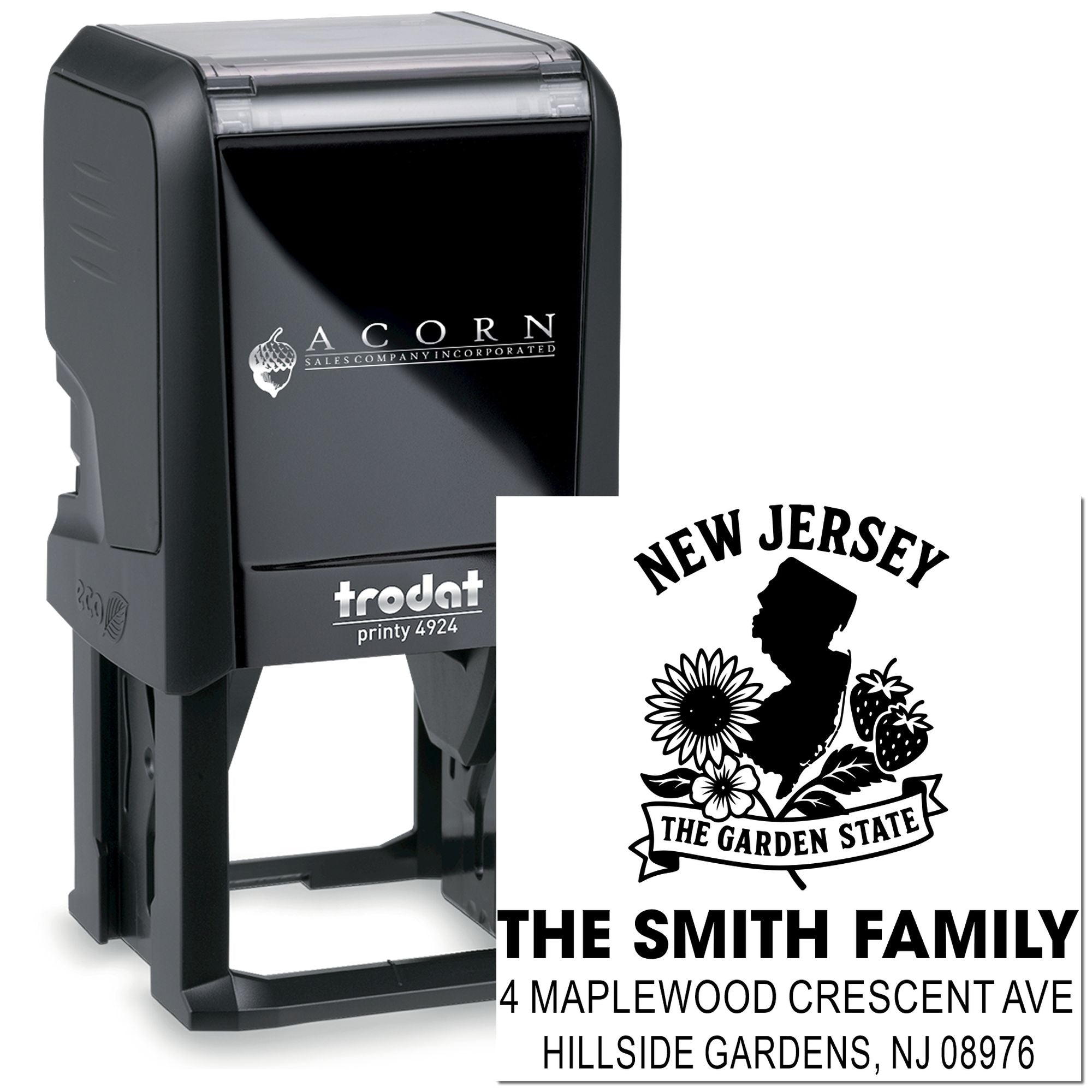 Custom self-inking address rubber stamp for The Smith Family, with New Jersey Garden State design and return address.