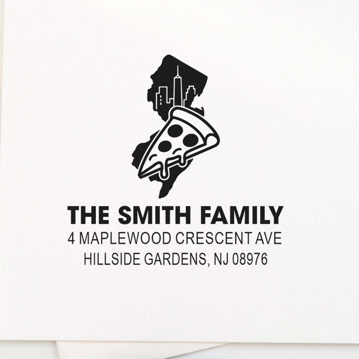 Custom return address rubber stamp for The Smith Family with New Jersey skyline and pizza logo, Hillside Gardens, NJ.