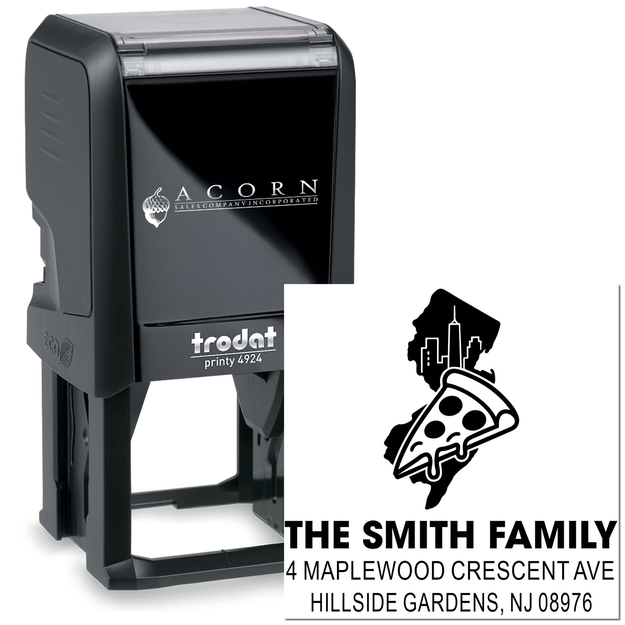 Custom self-inking rubber address stamp with Trodat Printy 4924, featuring The Smith Family return address design for mailing labels.