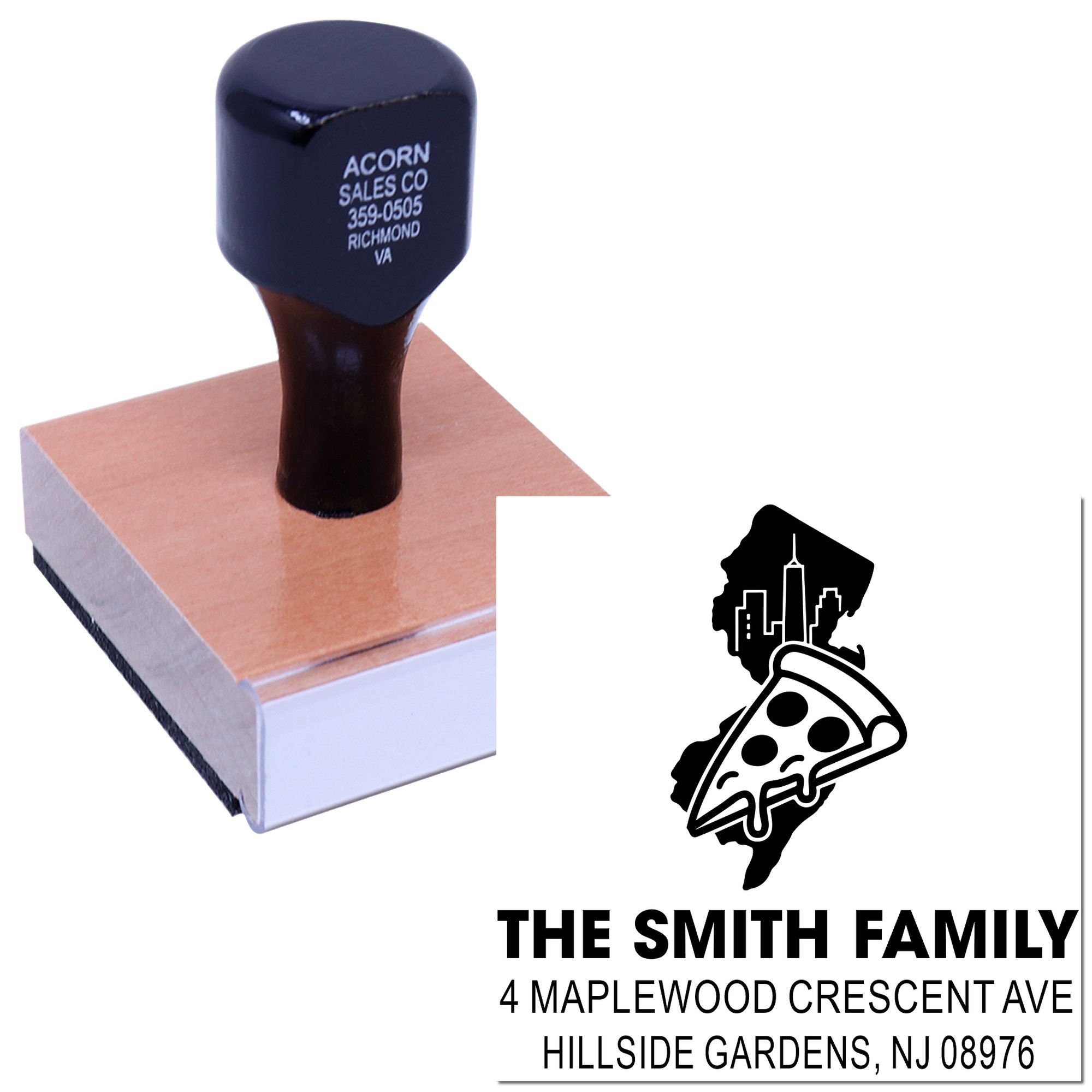 Custom address rubber stamp with family pizza logo and return address for envelopes and home mail.