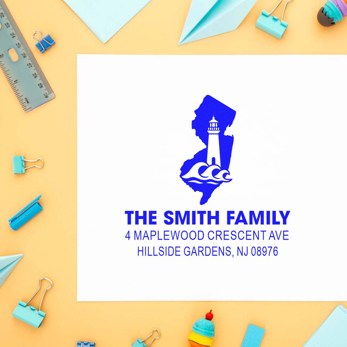 Custom return address rubber stamp for The Smith Family with lighthouse logo, Hillside Gardens, NJ