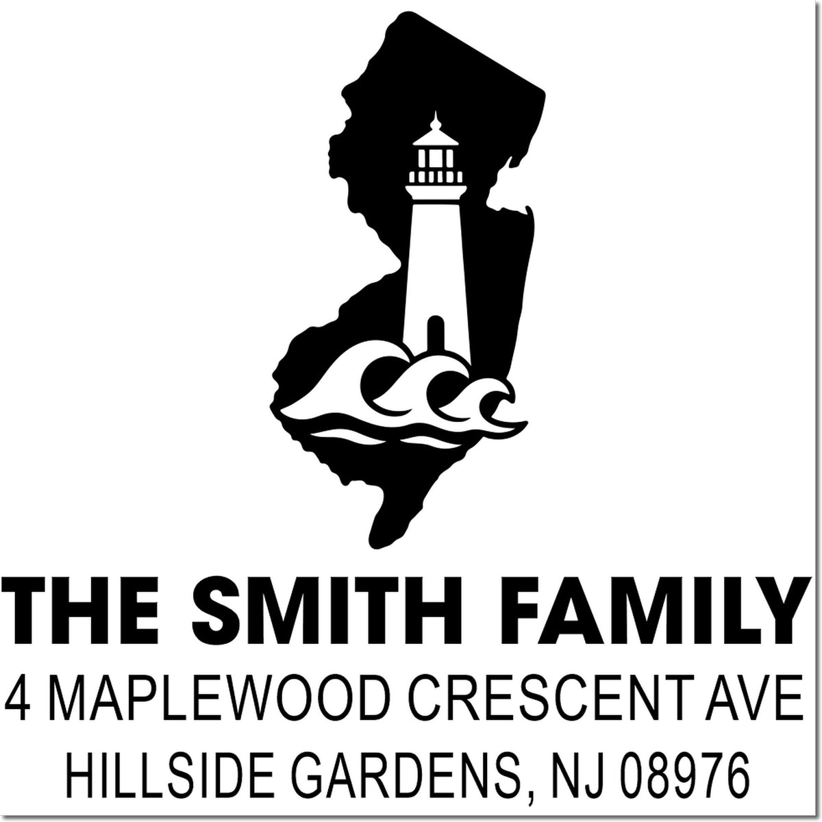 Custom New Jersey lighthouse return address rubber stamp for The Smith Family, Hillside Gardens, NJ 08976