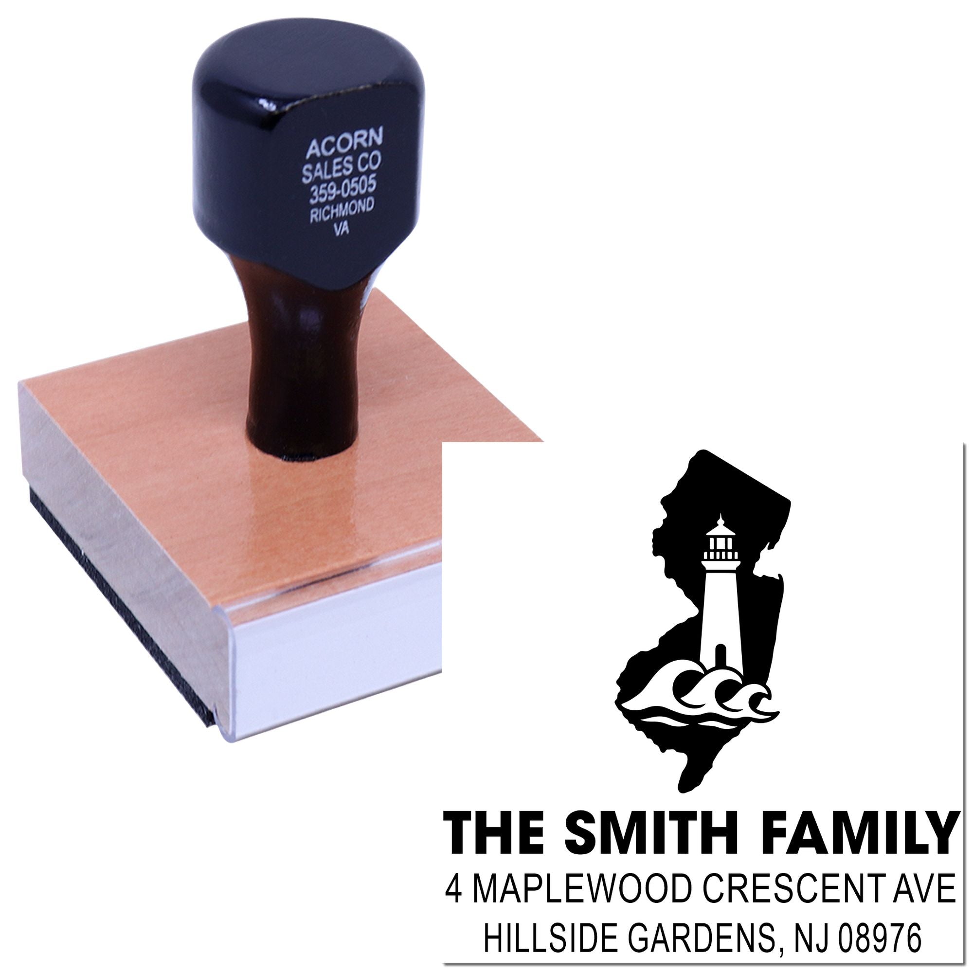 Custom family address rubber stamp with lighthouse design for The Smith Family, Hillside Gardens, NJ 08976