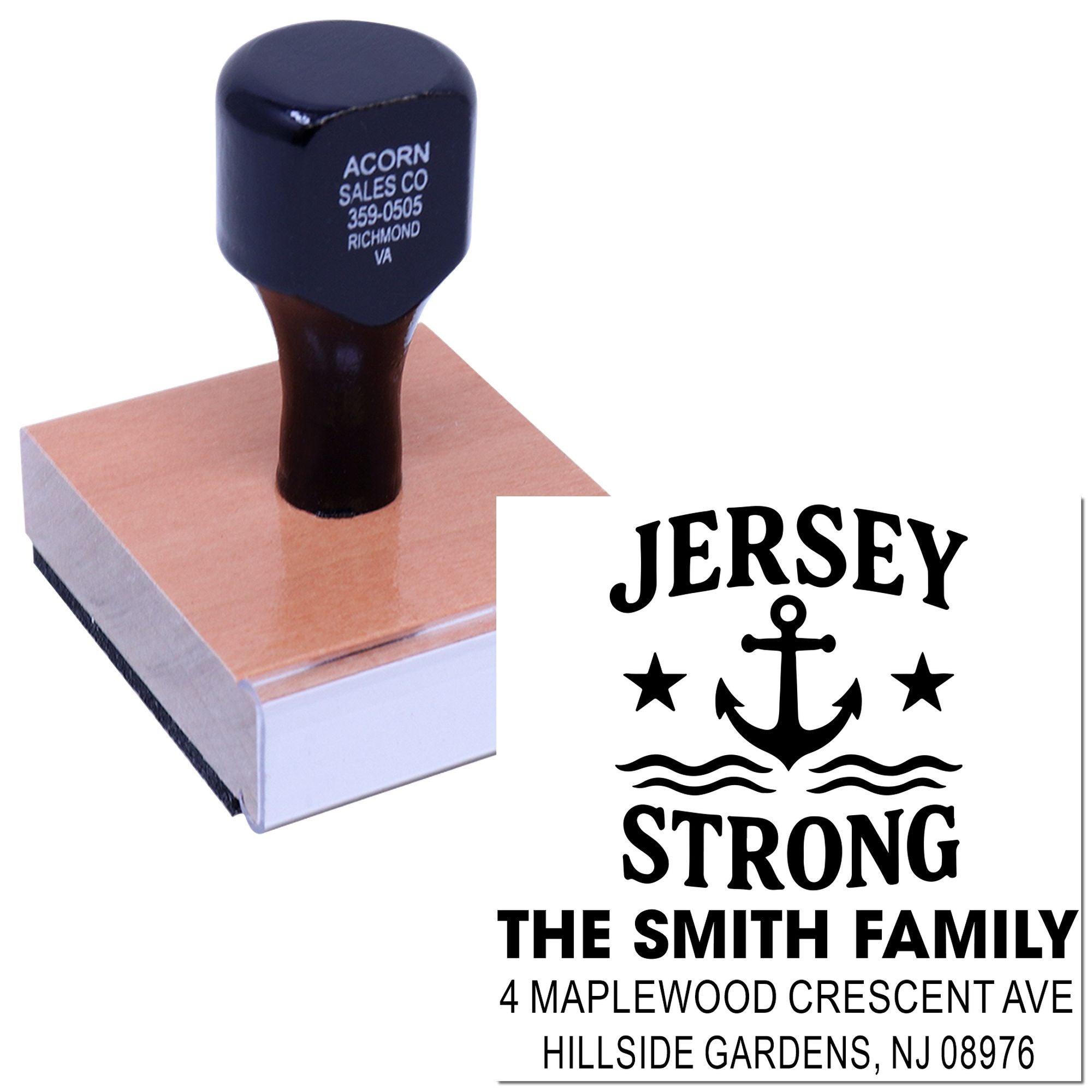 Custom nautical address rubber stamp with anchor design, Jersey Strong slogan, and Smith family return address.