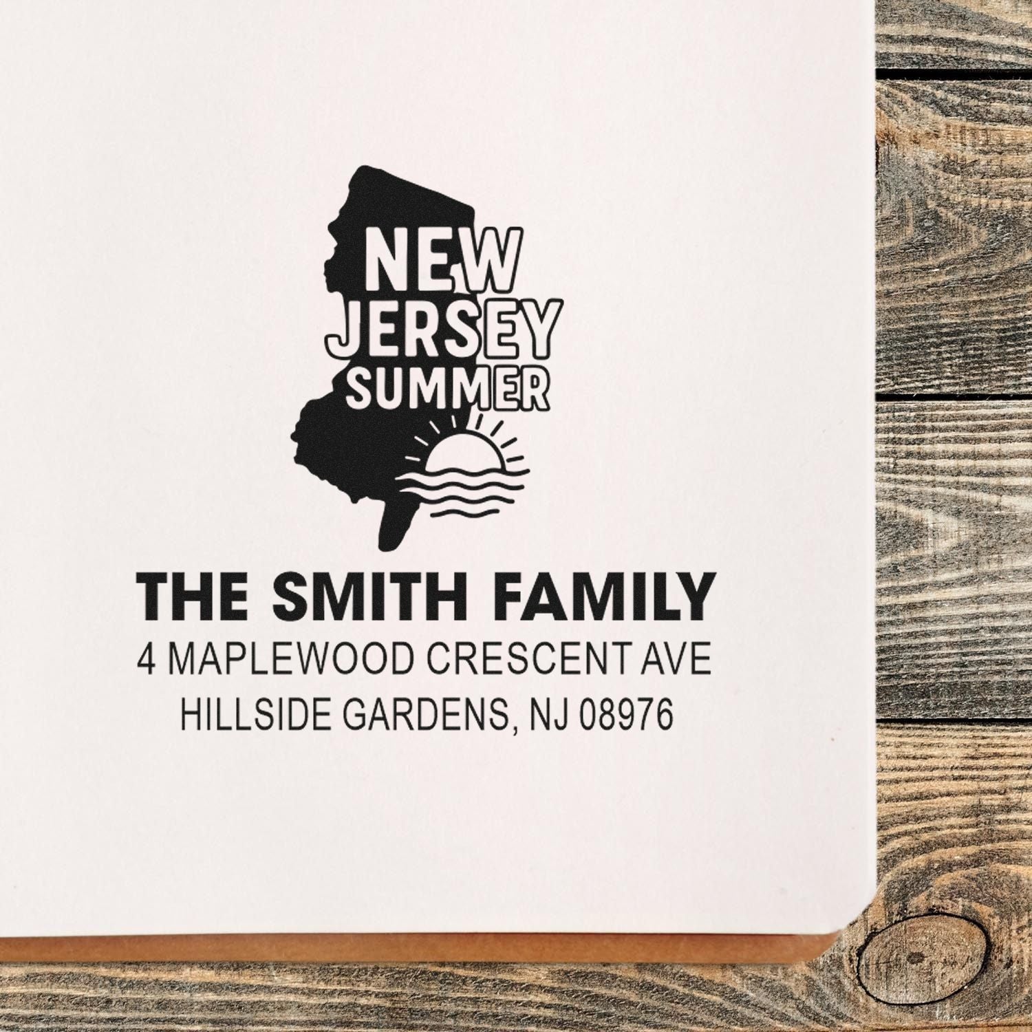Custom New Jersey family address rubber stamp with New Jersey Summer design, Smith family name, and mailing address.