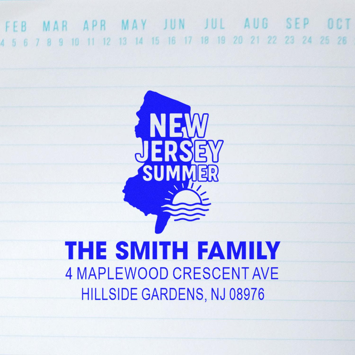 Custom New Jersey address rubber stamp for The Smith Family, with summer design and Hillside Gardens, NJ mailing address.