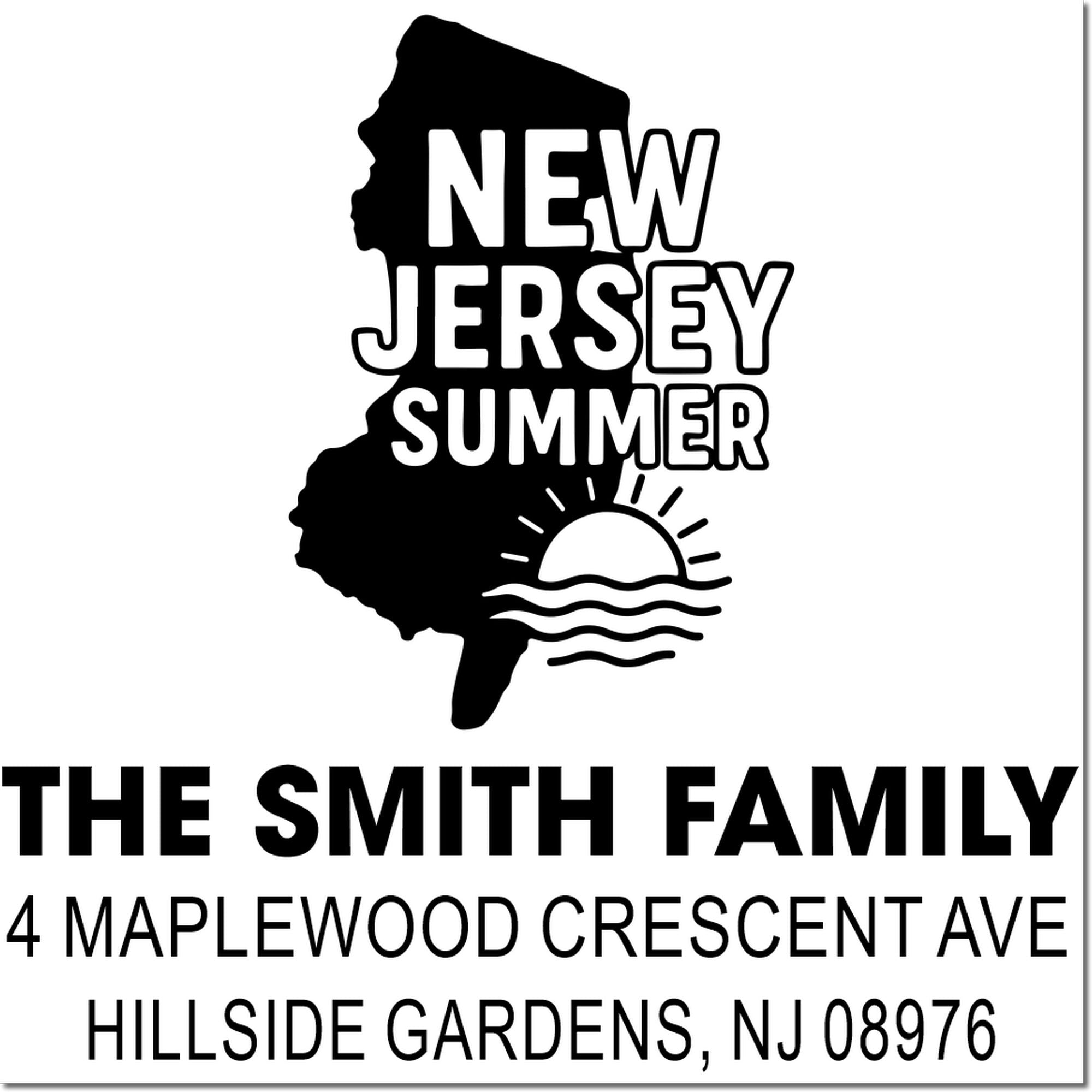 Custom New Jersey summer return address rubber stamp for The Smith Family, Hillside Gardens, NJ 08976