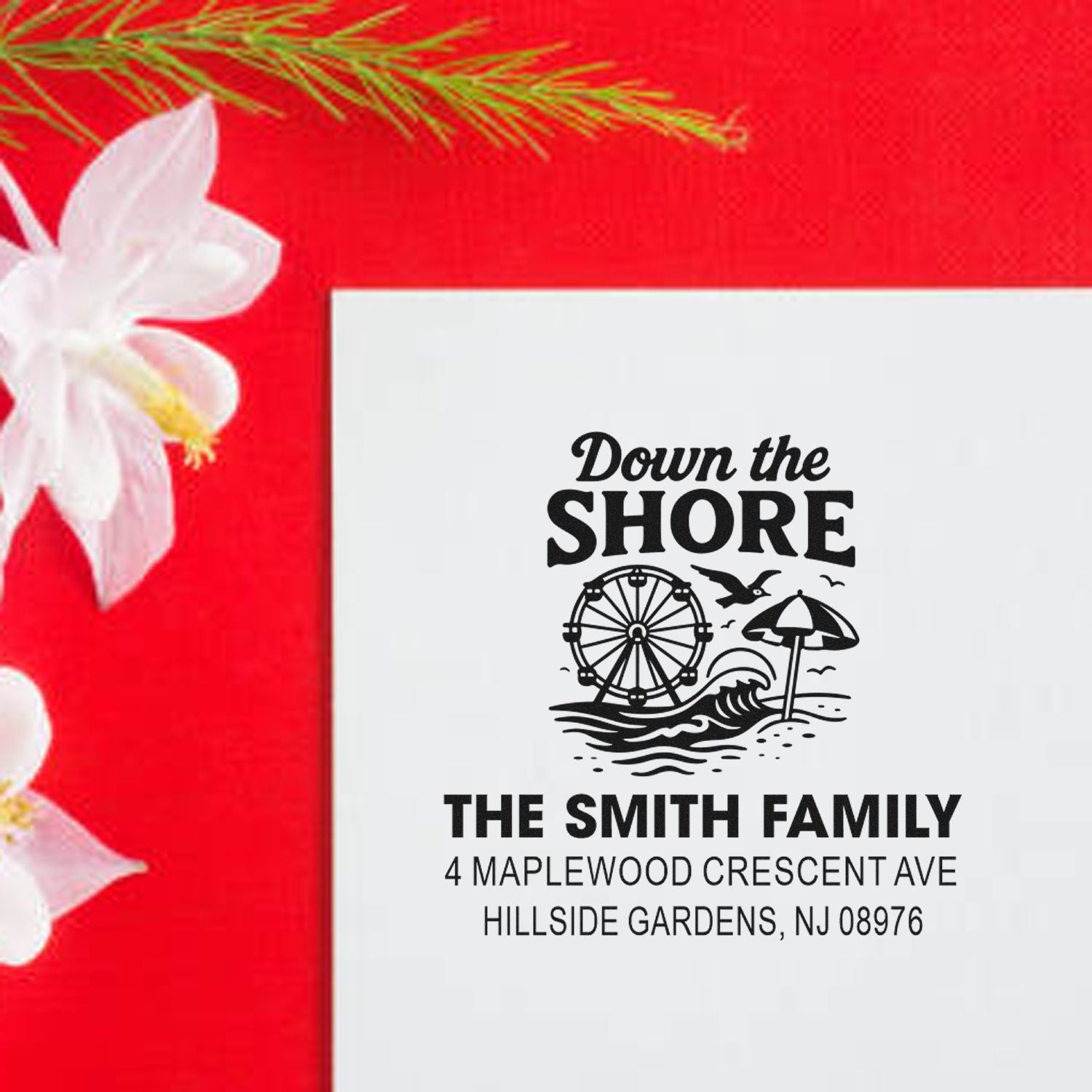 Custom beach-themed address rubber stamp for The Smith Family with Down the Shore design and Hillside Gardens, NJ address.