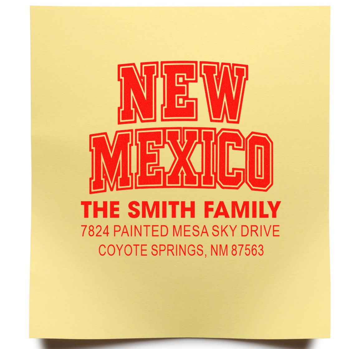 Custom New Mexico return address rubber stamp for The Smith Family, Coyote Springs, NM 87563