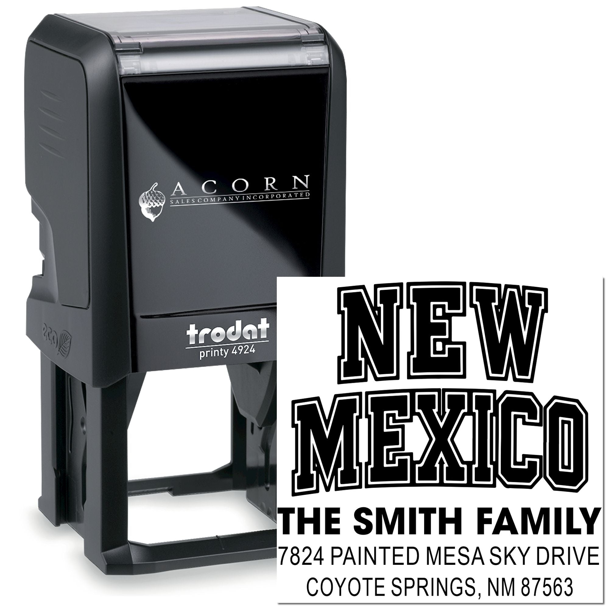 Custom self-inking rubber return address stamp with New Mexico family name and address for envelopes and mailings.