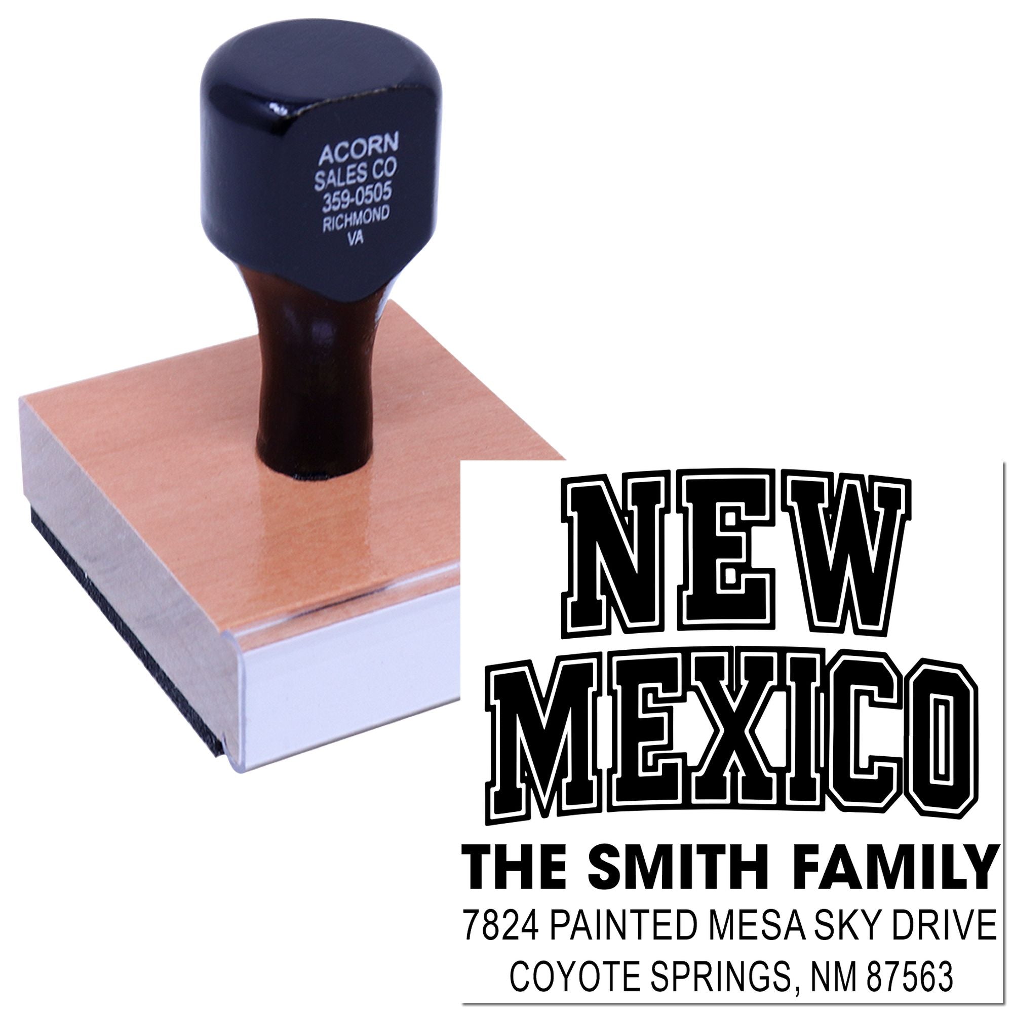 Custom New Mexico return address rubber stamp for The Smith Family, shown with sample imprint for Coyote Springs, NM.