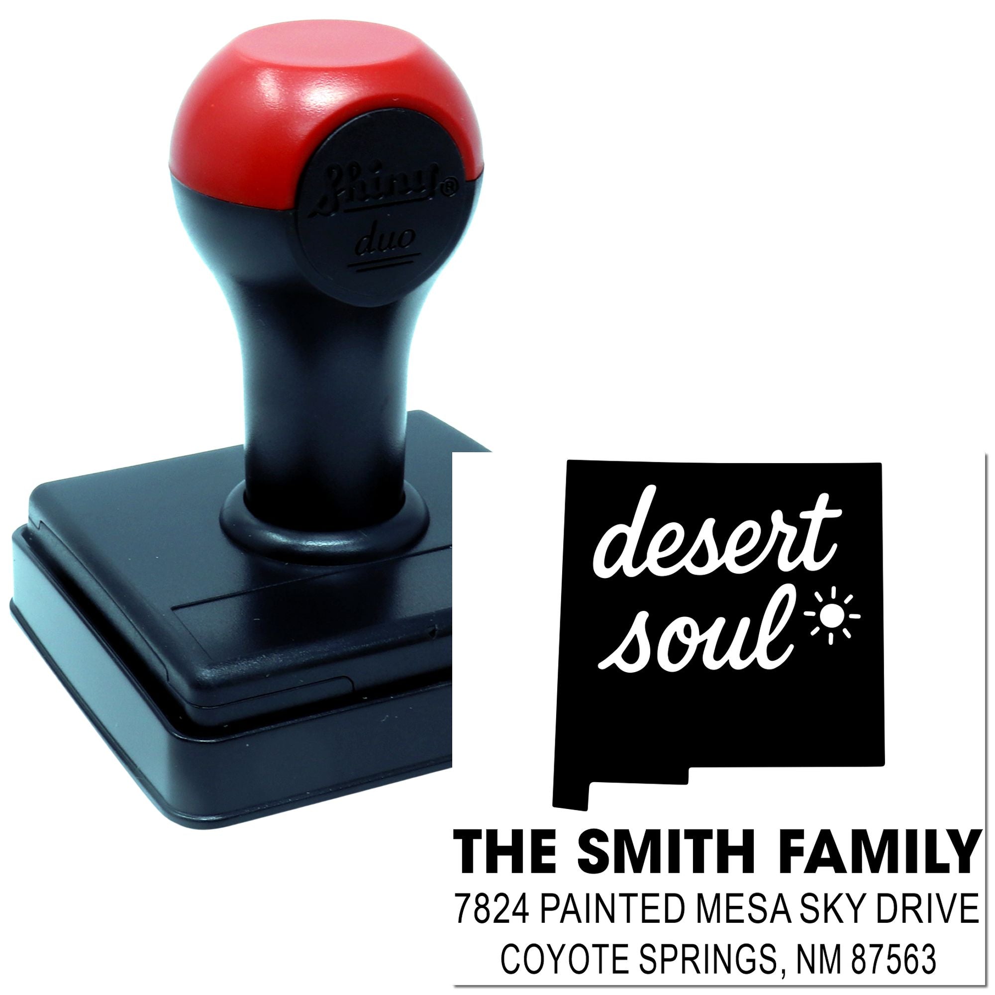 Custom self-inking rubber stamp for The Smith Family with Desert Soul return address design in New Mexico outline.