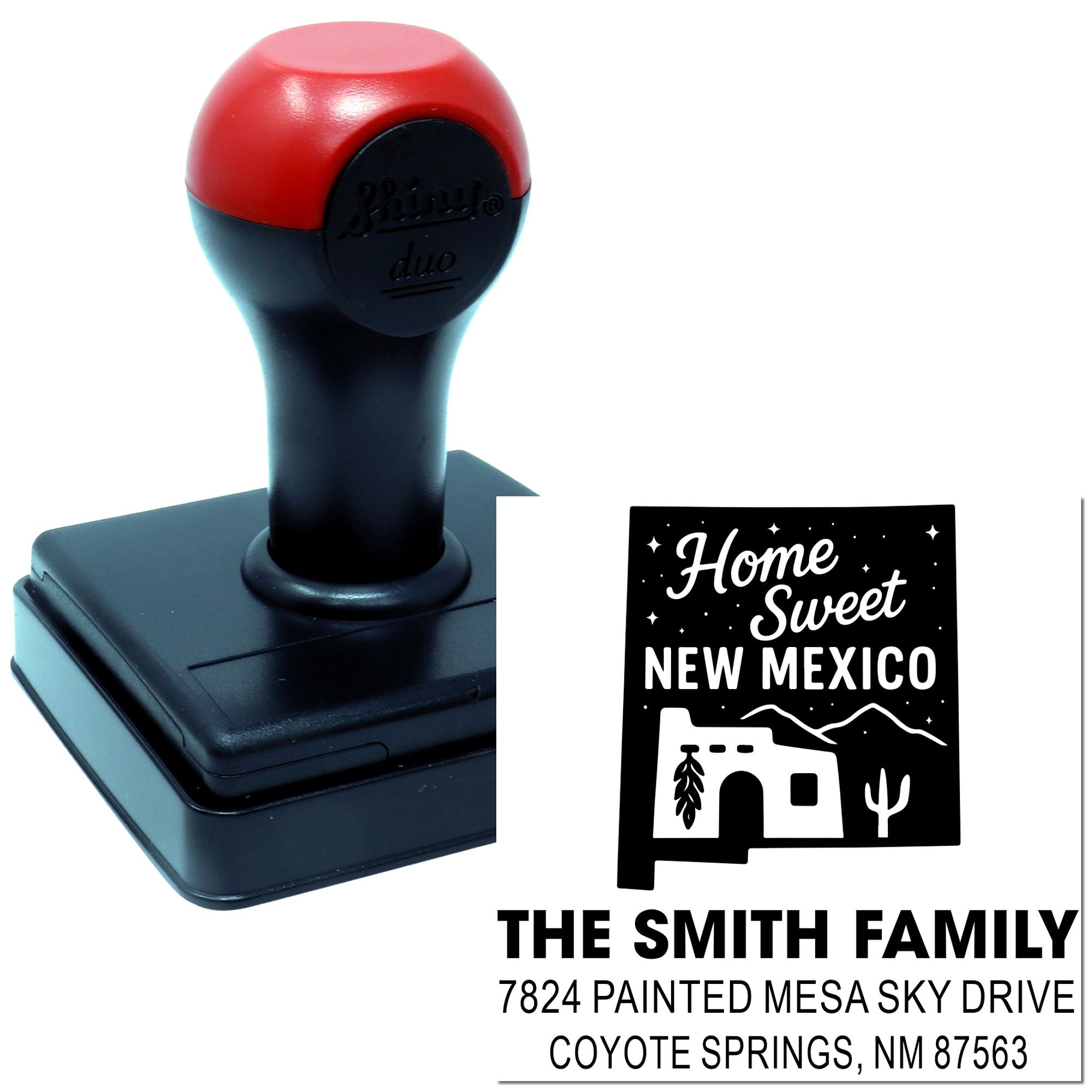 Custom self-inking rubber stamp with Home Sweet New Mexico return address for The Smith Family