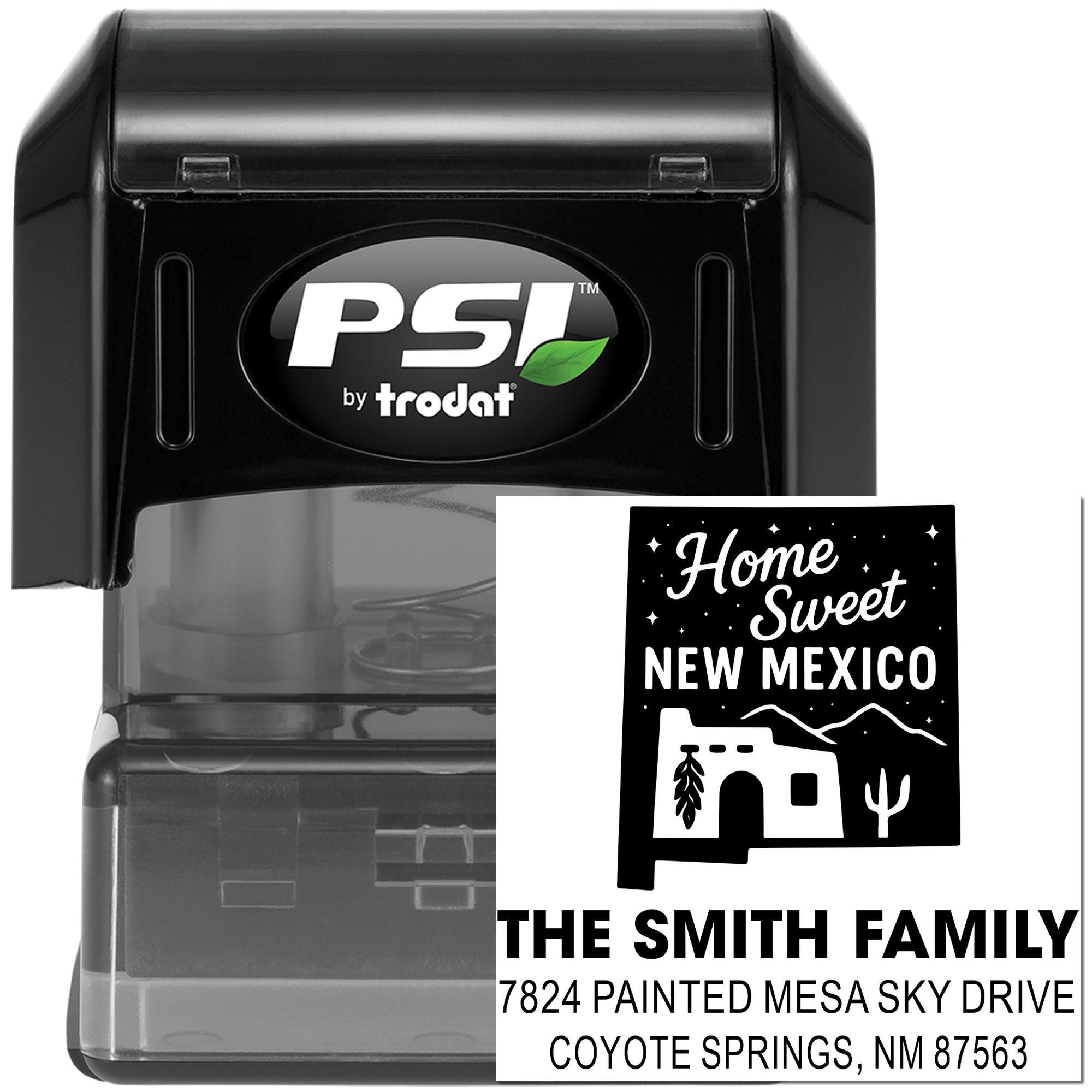 Custom PSI by Trodat rubber address stamp with Home Sweet New Mexico return address design for The Smith Family.