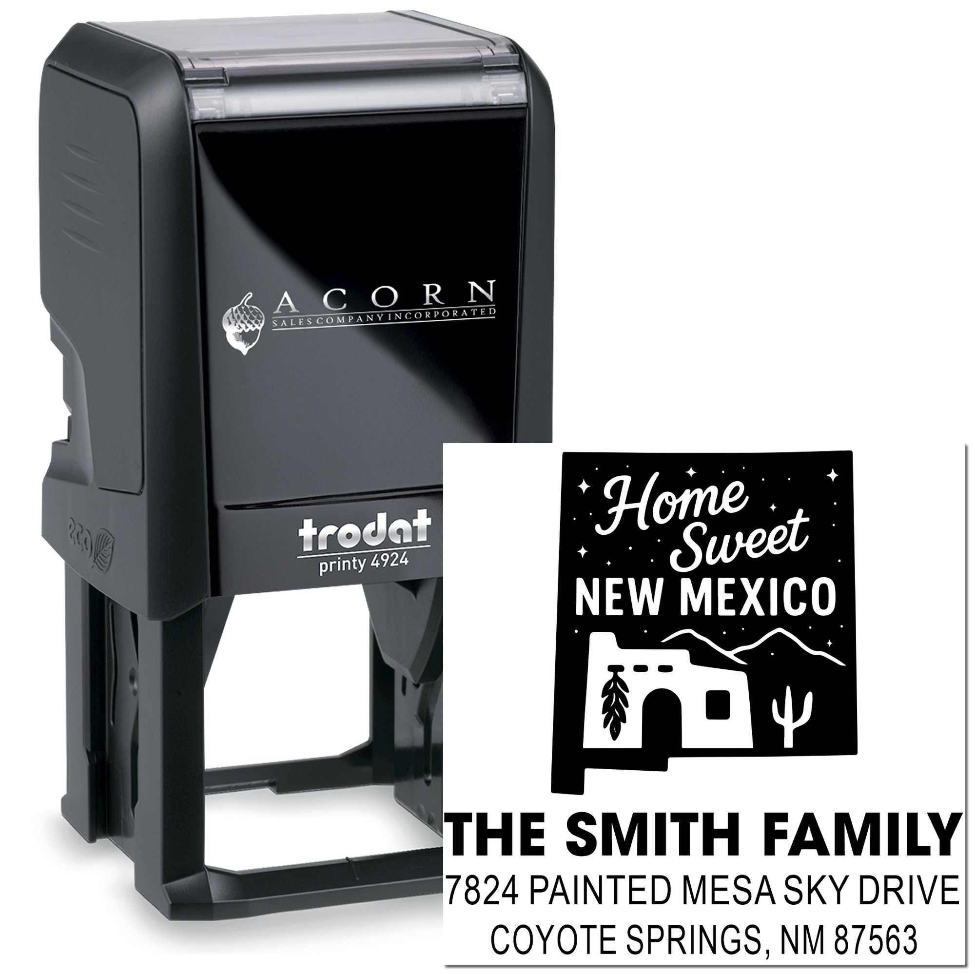Custom self-inking rubber address stamp with Home Sweet New Mexico design for The Smith Family return address labels and mail use.