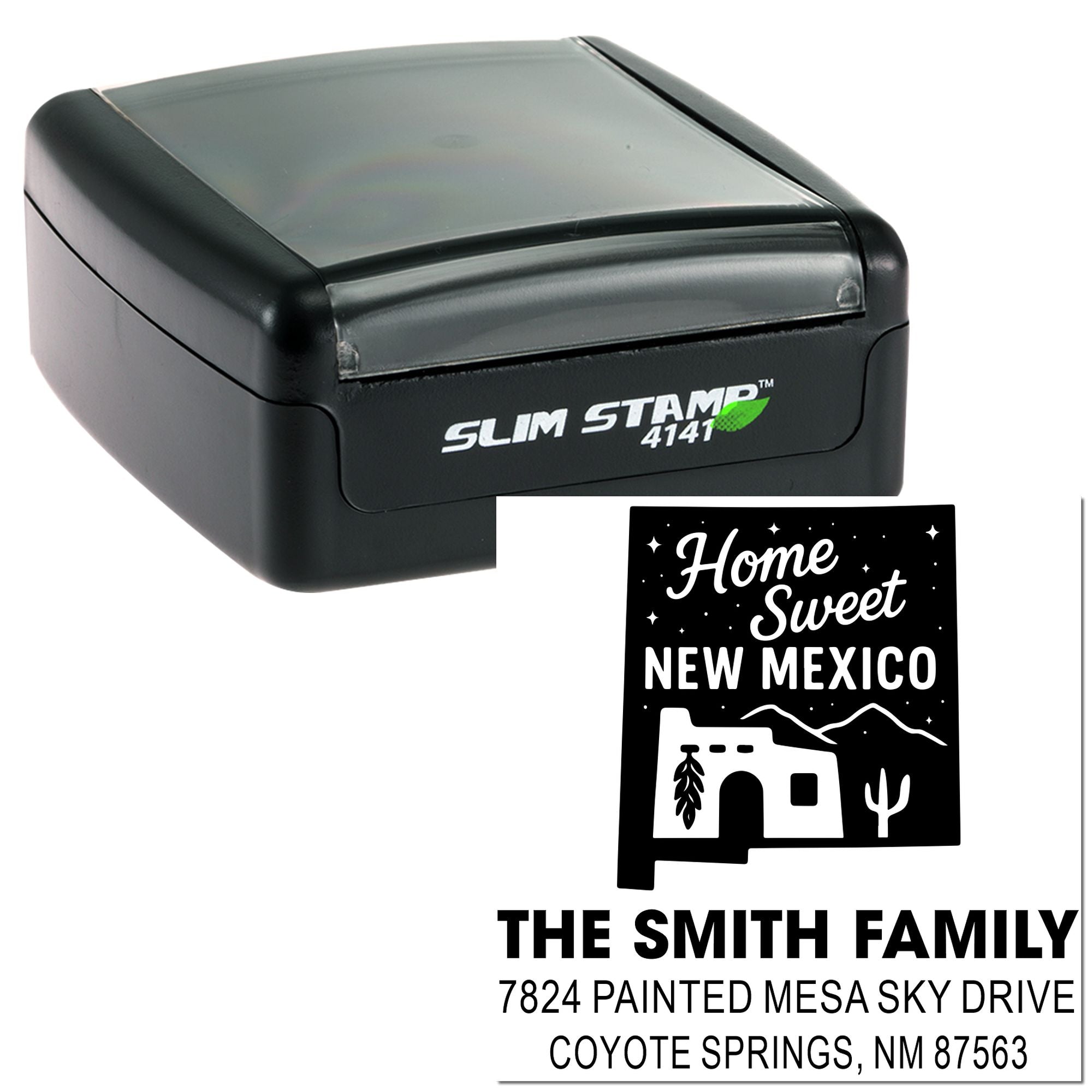 Custom self-inking rubber address stamp with Home Sweet New Mexico design, The Smith Family name, and Coyote Springs, NM address.