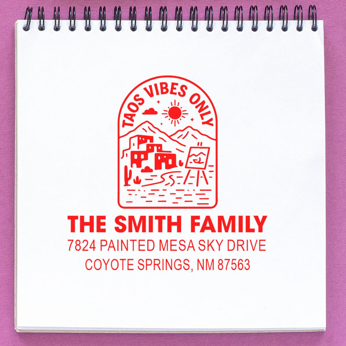 Custom rubber return address stamp for The Smith Family, featuring a Taos Vibes Only desert design and Coyote Springs, NM address.