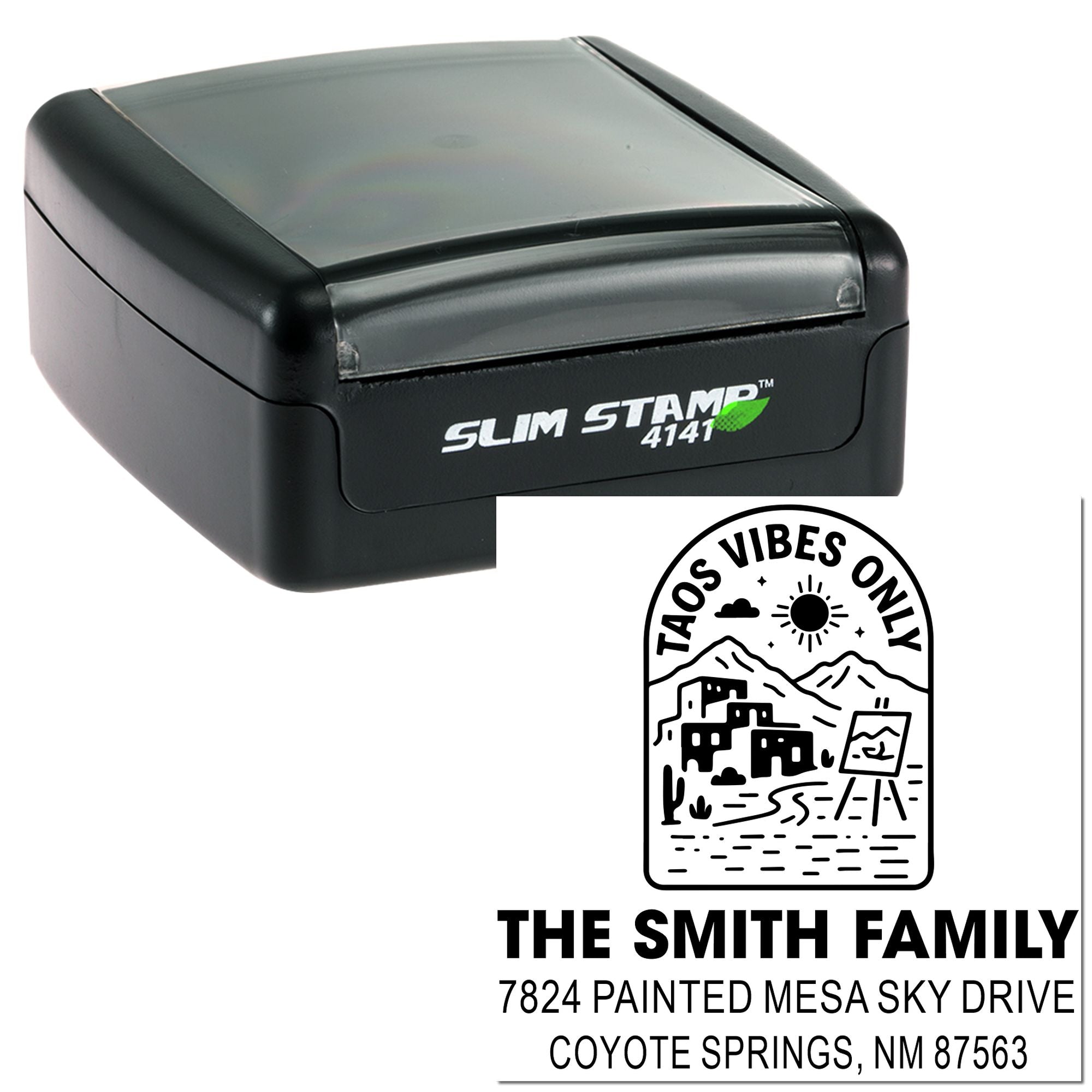 Custom self-inking rubber address stamp with Taos Vibes Only design for The Smith Family, Coyote Springs, NM.