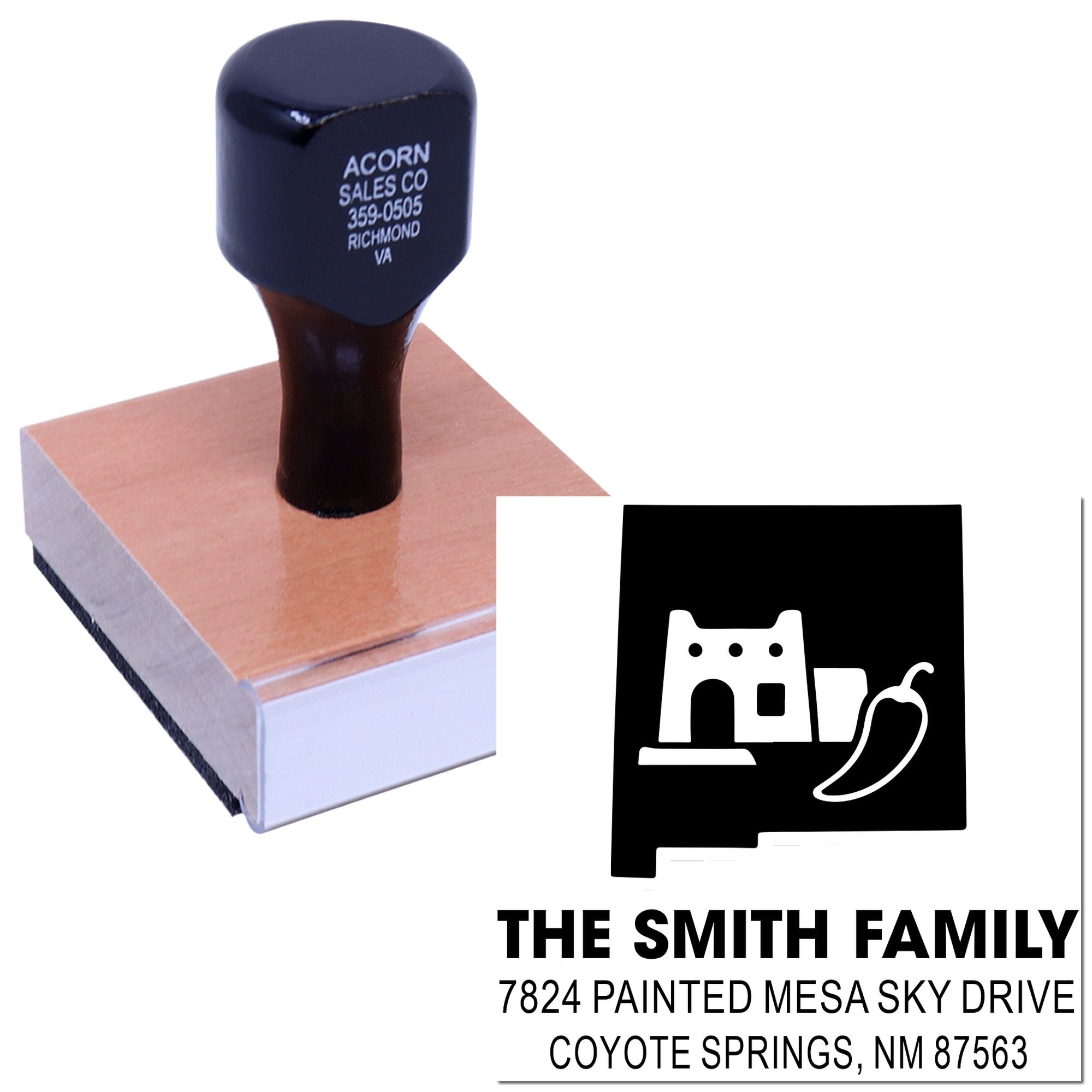 Custom return address rubber stamp for The Smith Family, featuring a house icon and address for envelopes, mail, and packaging.