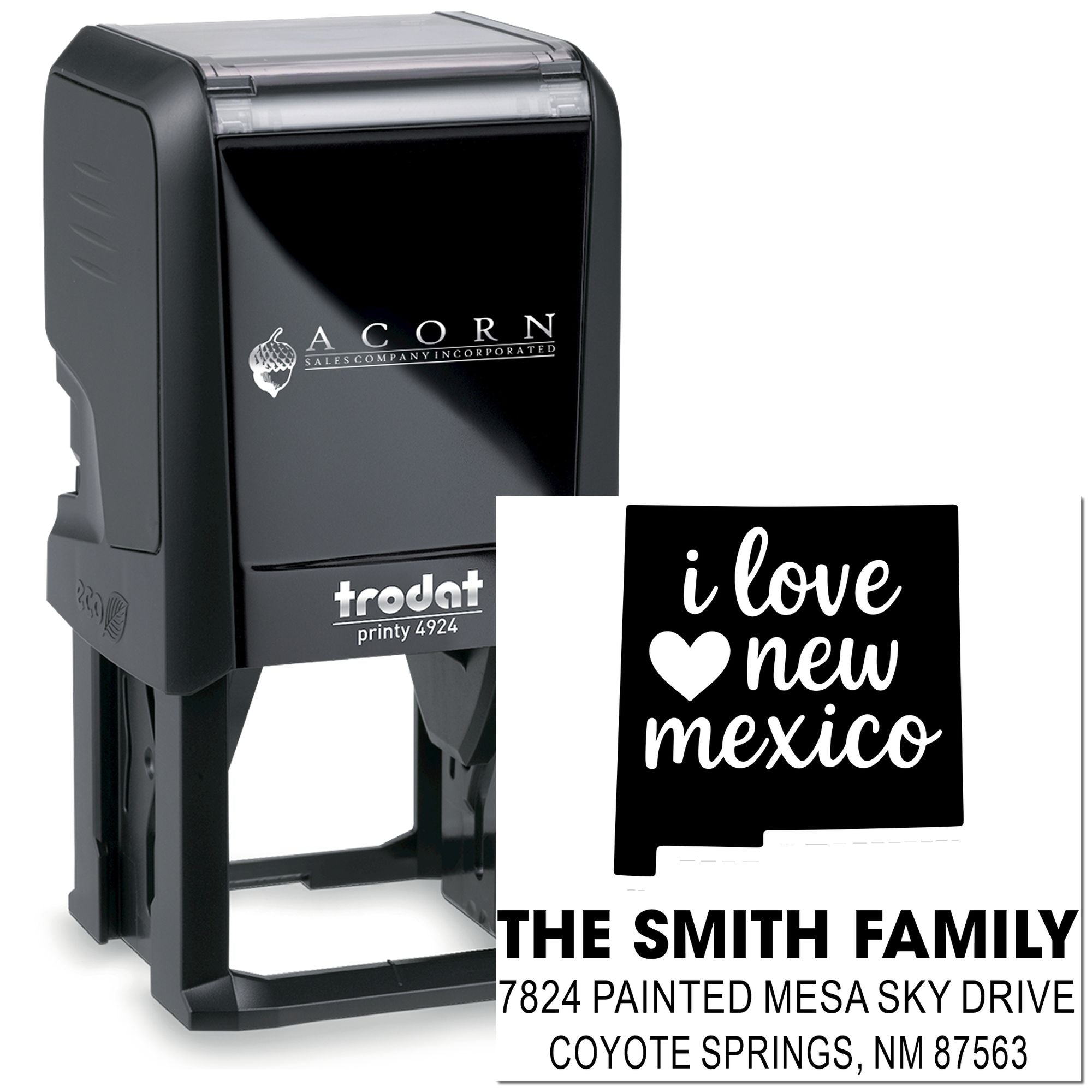 Custom Trodat Printy 4924 self-inking rubber stamp with I love New Mexico and Smith Family address for personalized mailing.