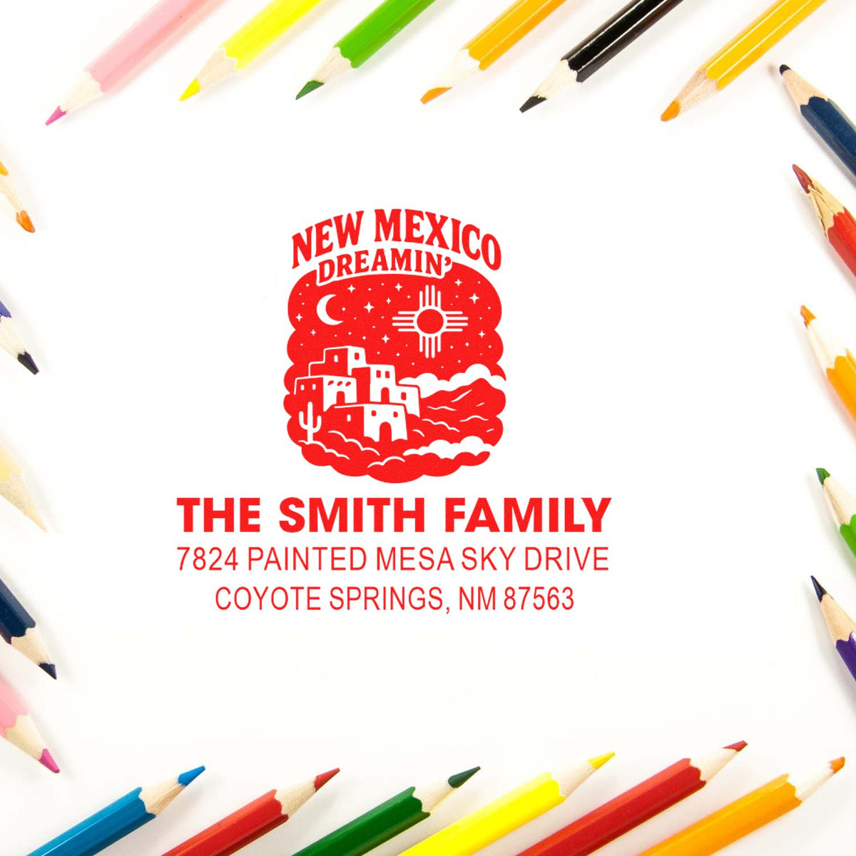 Custom return address rubber stamp for The Smith Family in New Mexico with colorful pencil border.