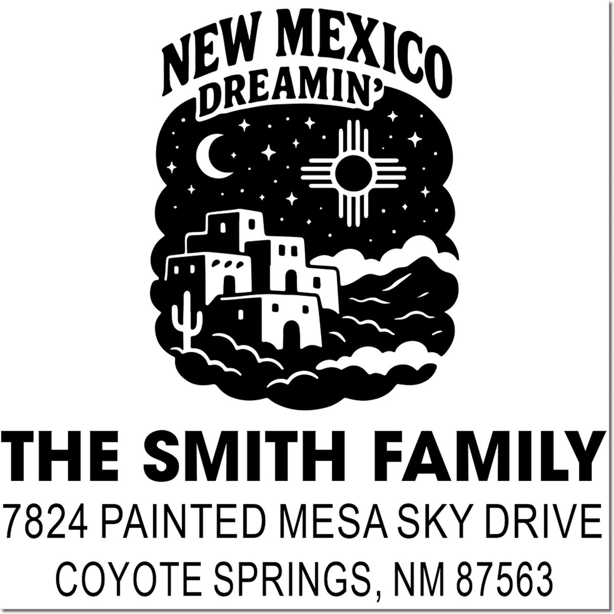Personalized New Mexico return address rubber stamp for The Smith Family with Southwest Dreaming design, Coyote Springs, NM.