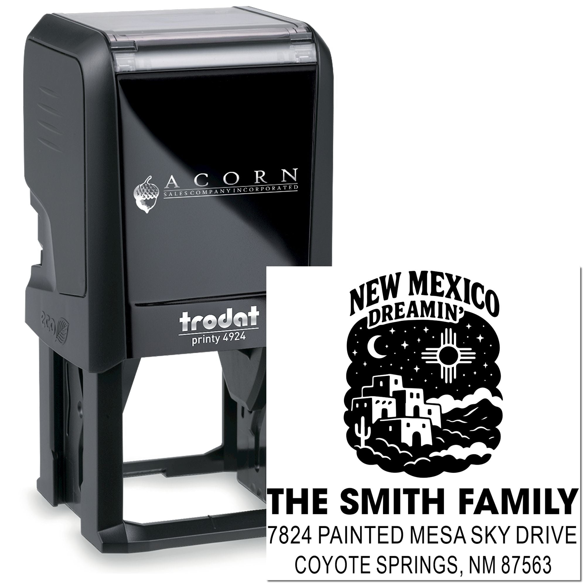 Custom self-inking rubber stamp with New Mexico design and personalized Smith family return address.