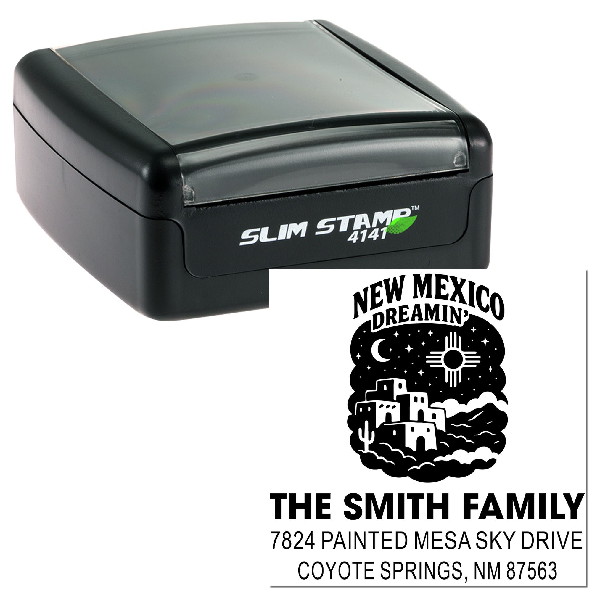 Self-inking Slim Stamp 4141 custom return address rubber stamp with New Mexico design and Smith family address imprint