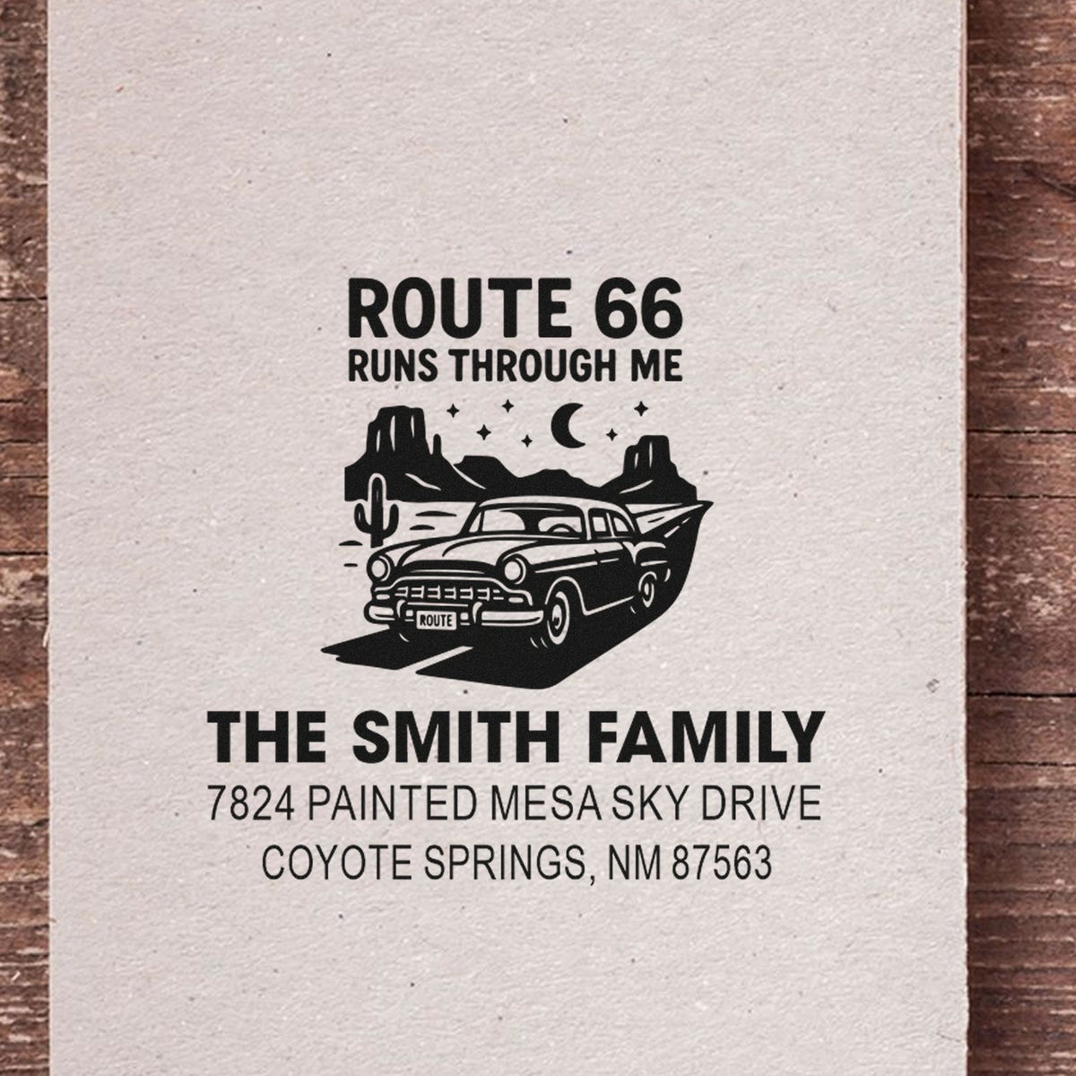 Custom Route 66 return address rubber stamp with vintage car, desert scene, and Smith family name and address.