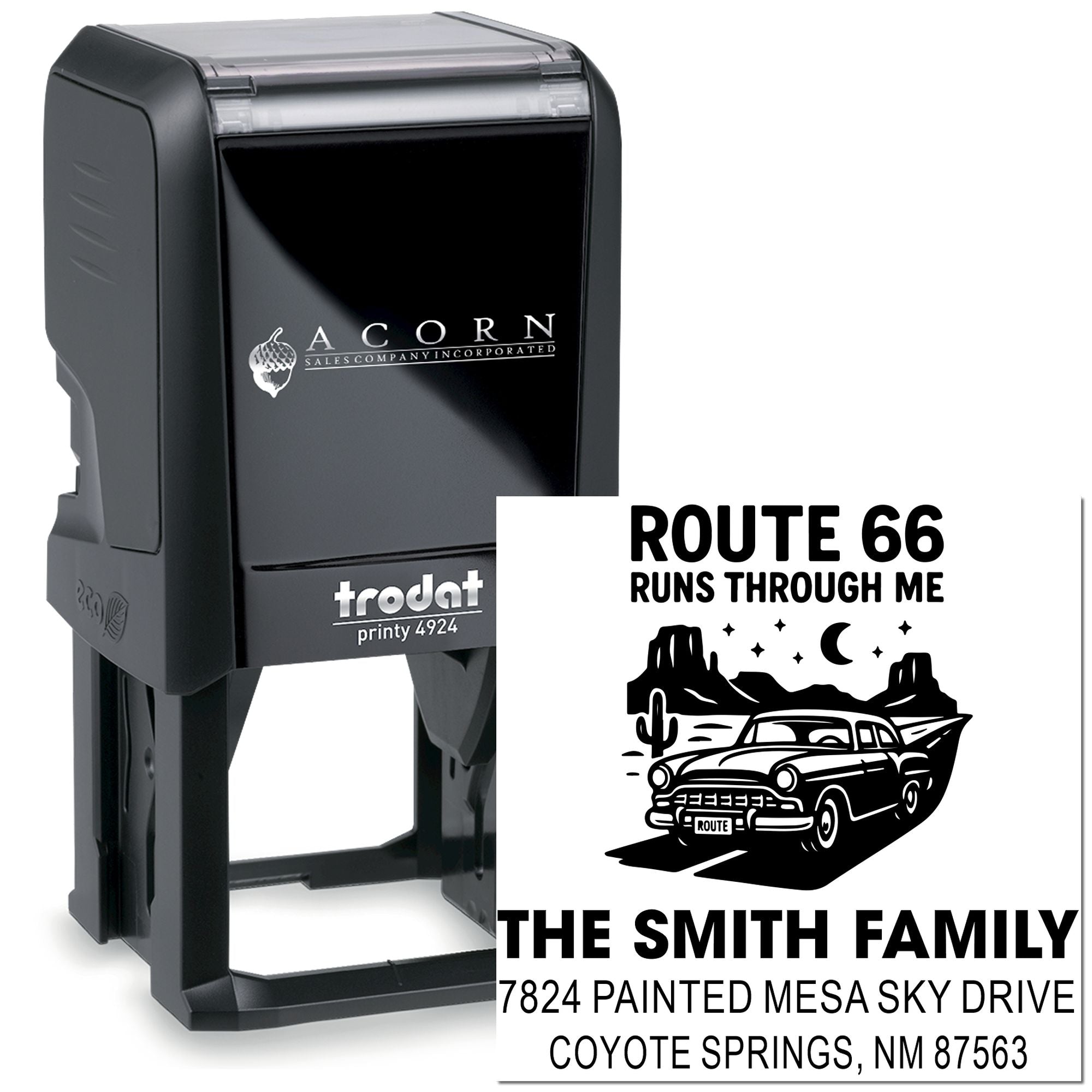 Custom Route 66 self-inking address stamp for The Smith Family, featuring a vintage car design for mail and branding.